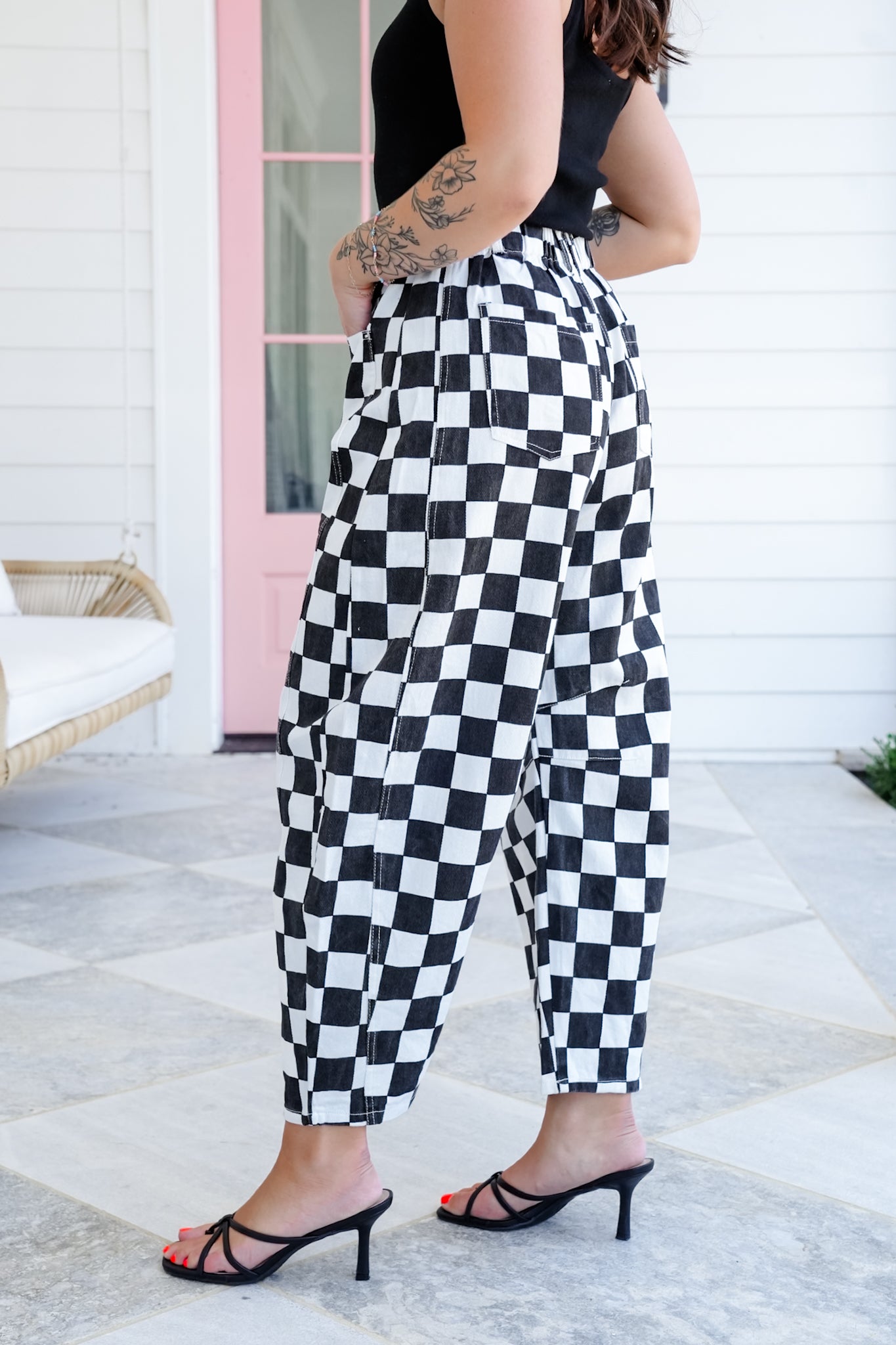 Plus/Reg Checkered Print Barrel Pants