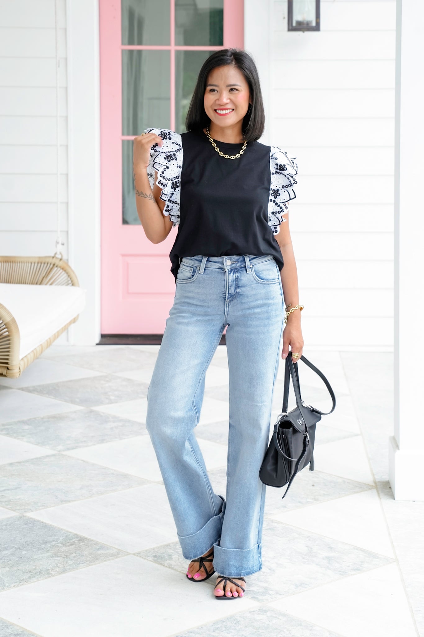 Eyelet Ruffle Sleeve Knit Top