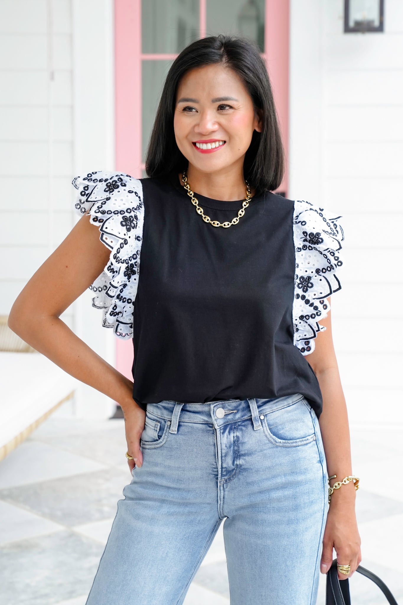 Eyelet Ruffle Sleeve Knit Top
