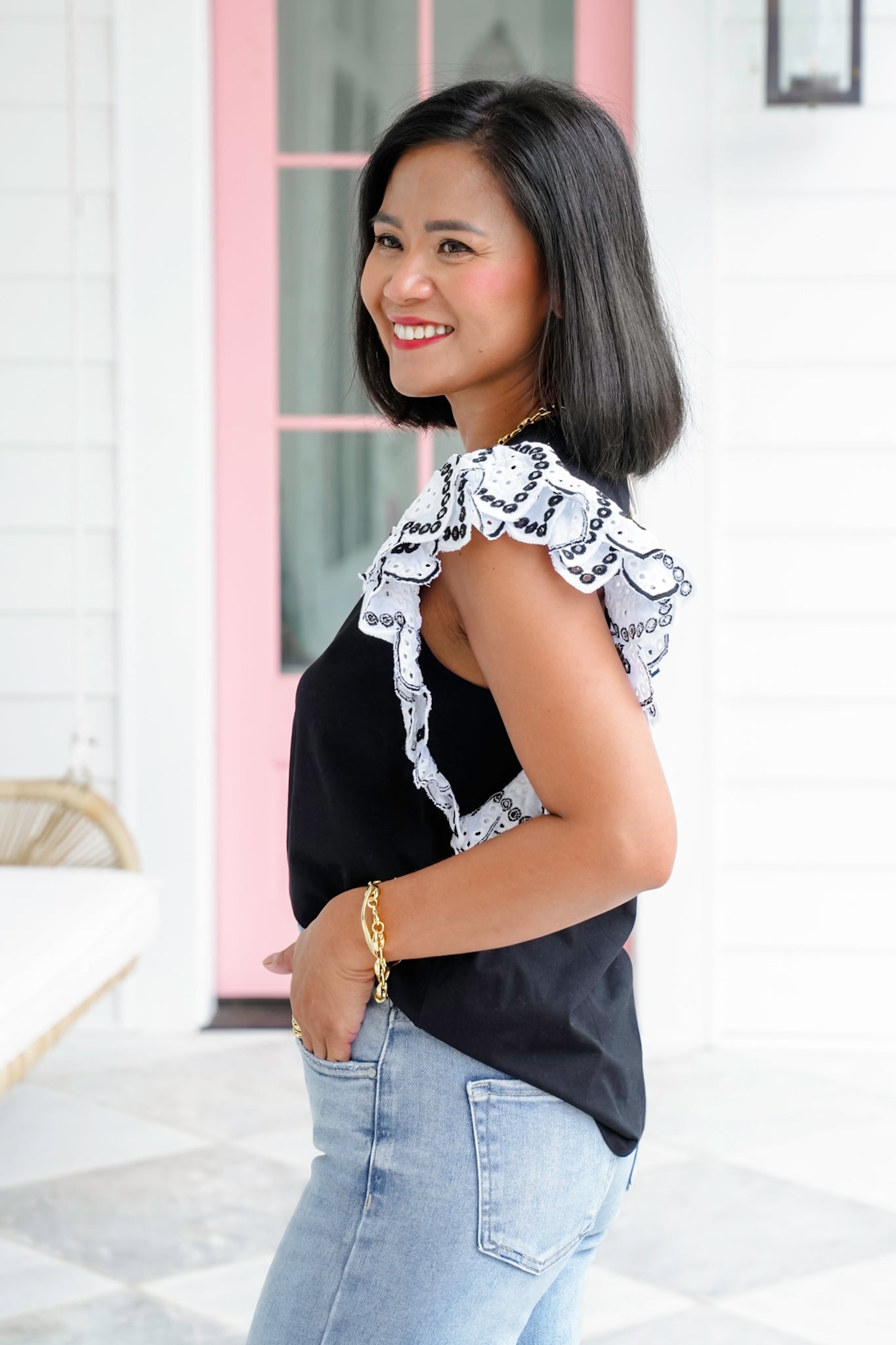 Eyelet Ruffle Sleeve Knit Top