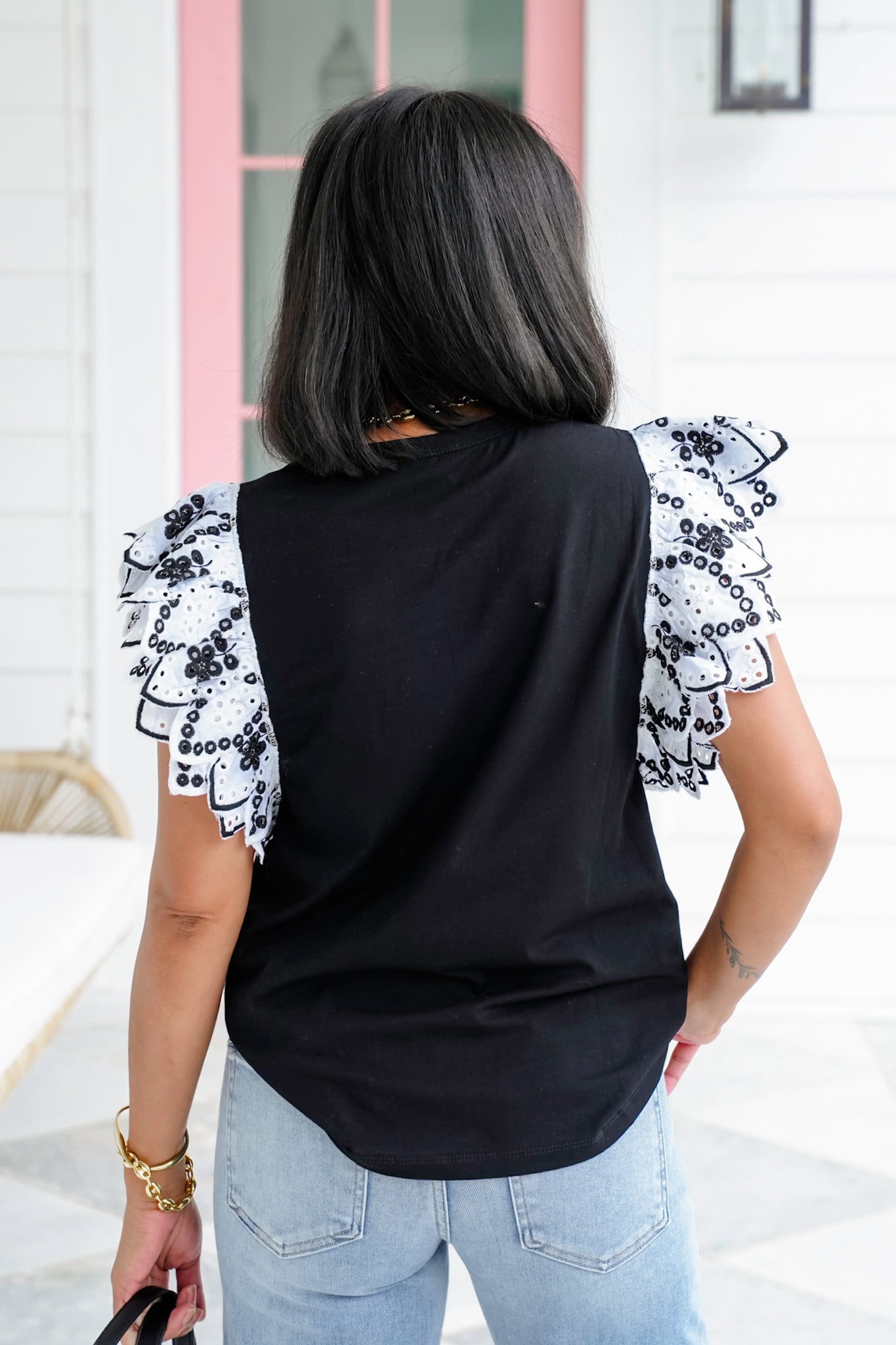 Eyelet Ruffle Sleeve Knit Top