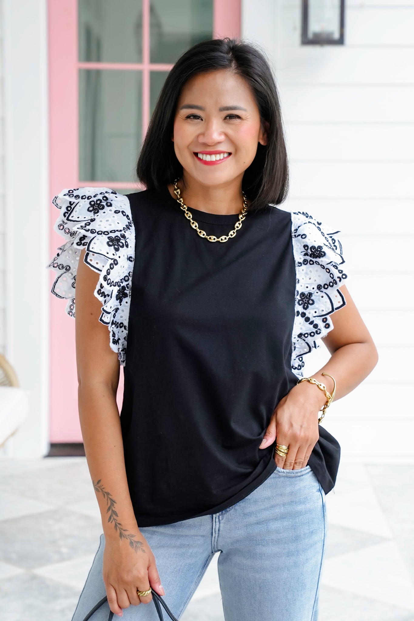 Eyelet Ruffle Sleeve Knit Top