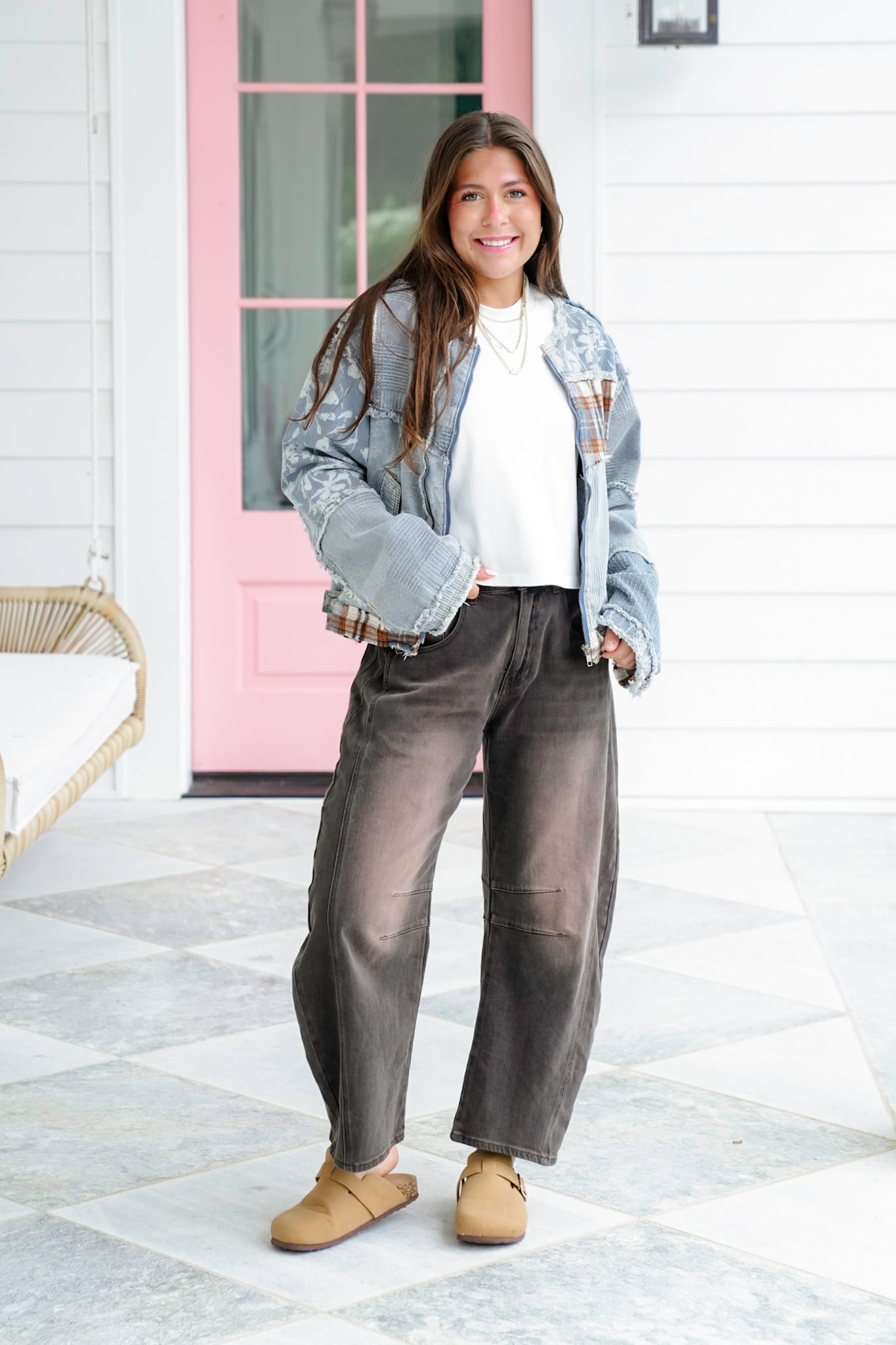POL Long Sleeve Zip Up Jacket with Patchwork Detail