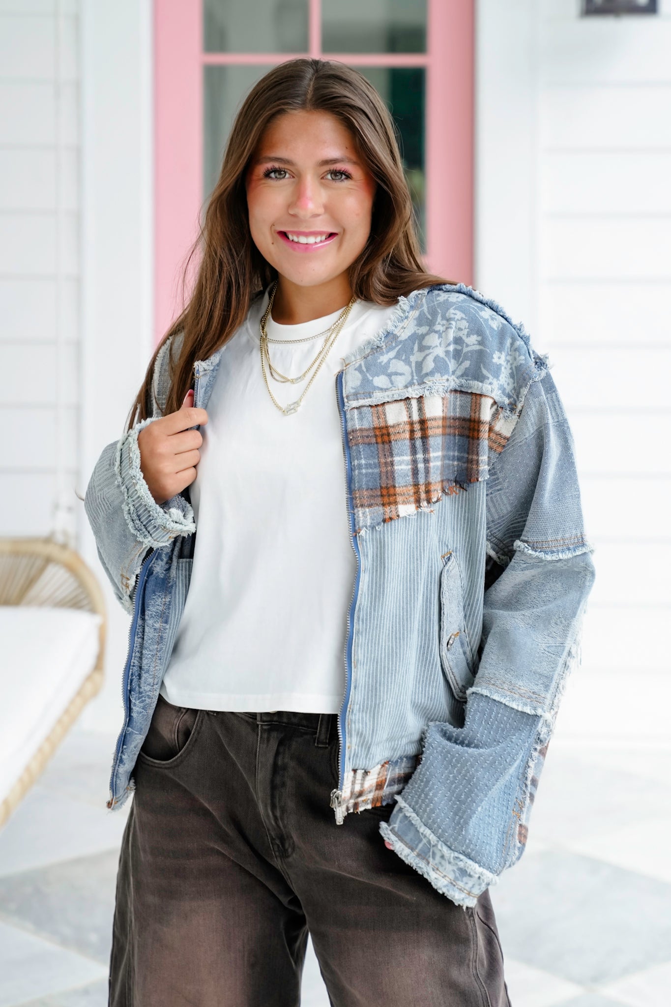 POL Long Sleeve Zip Up Jacket with Patchwork Detail