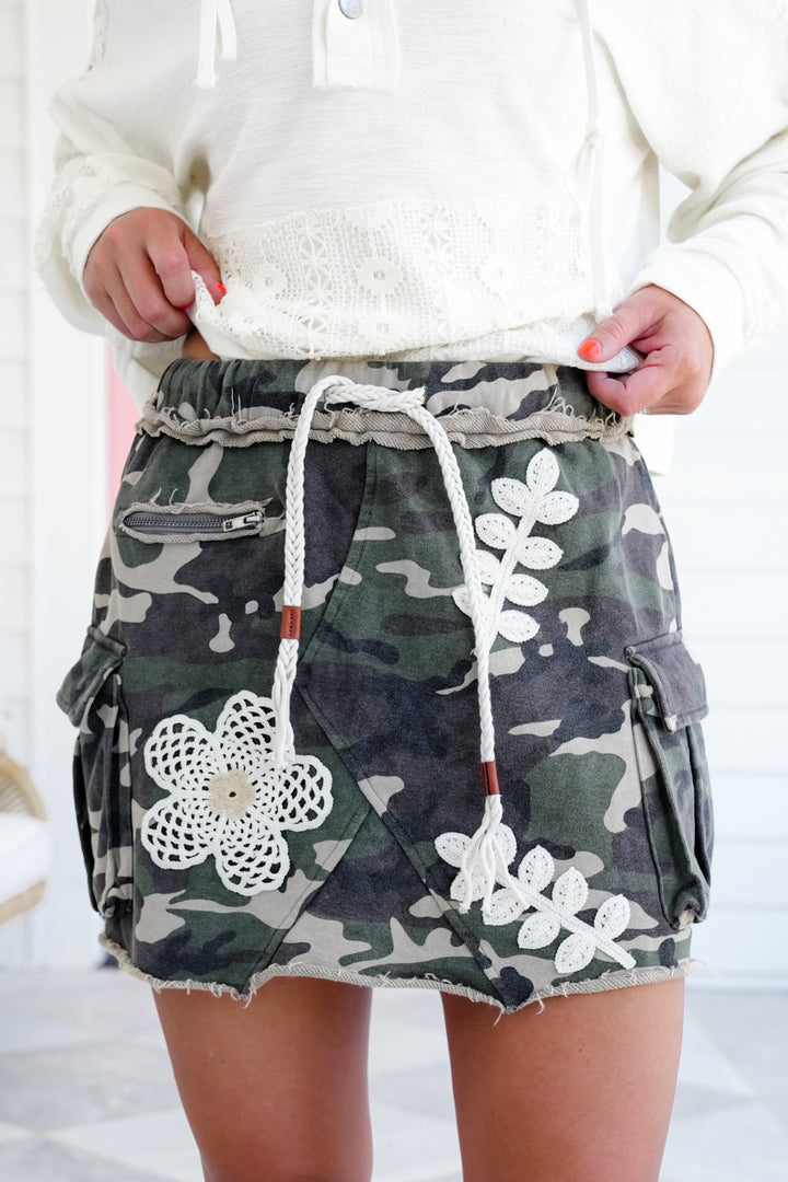POL Camo Knit Mini Skirt with Floral Crochet Detail