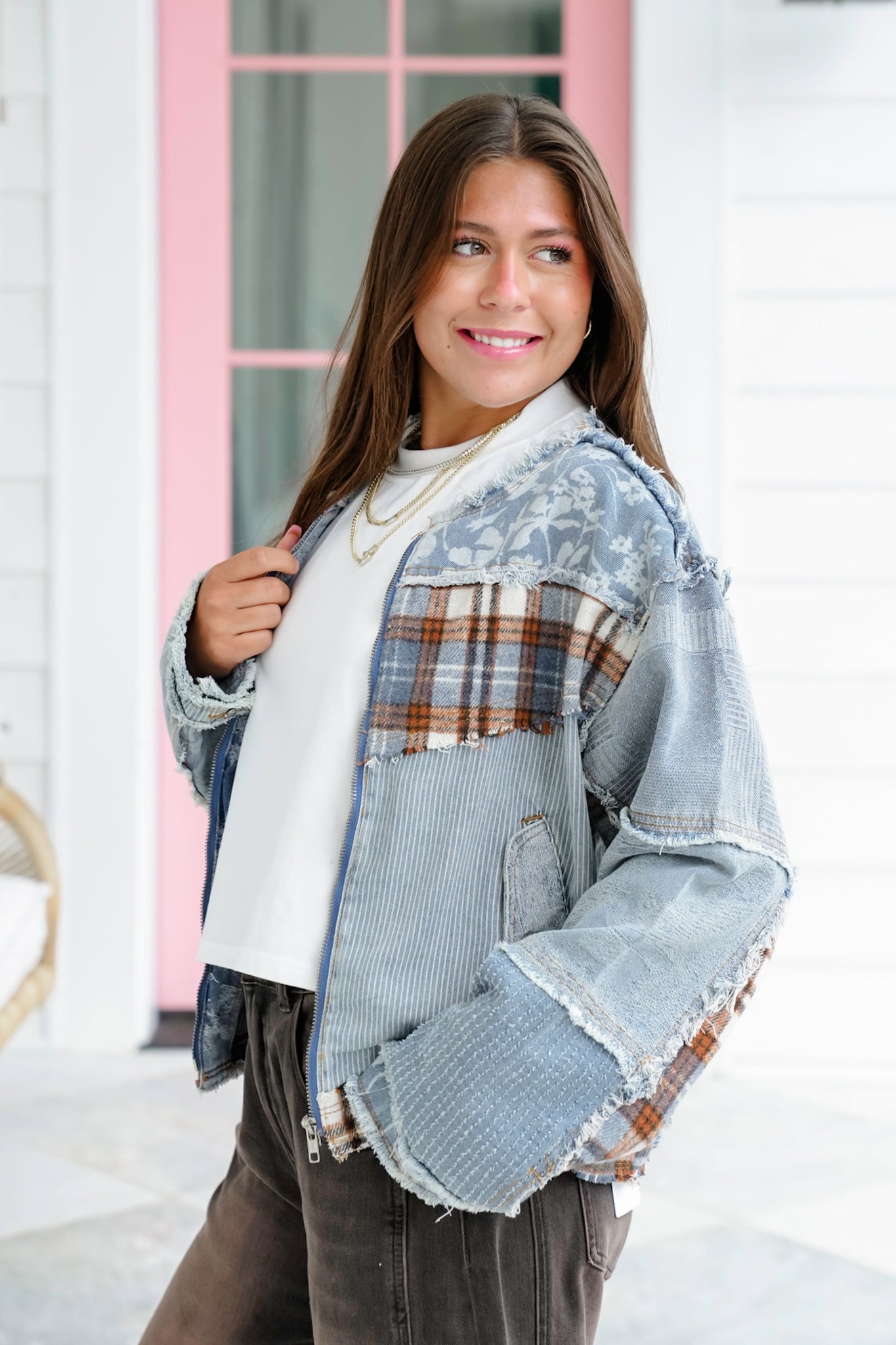 POL Long Sleeve Zip Up Jacket with Patchwork Detail