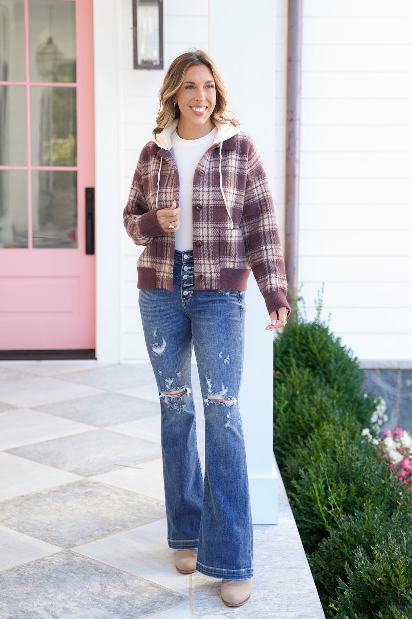 Plaid Long Sleeve Button Down Hooded Sweater Jacket