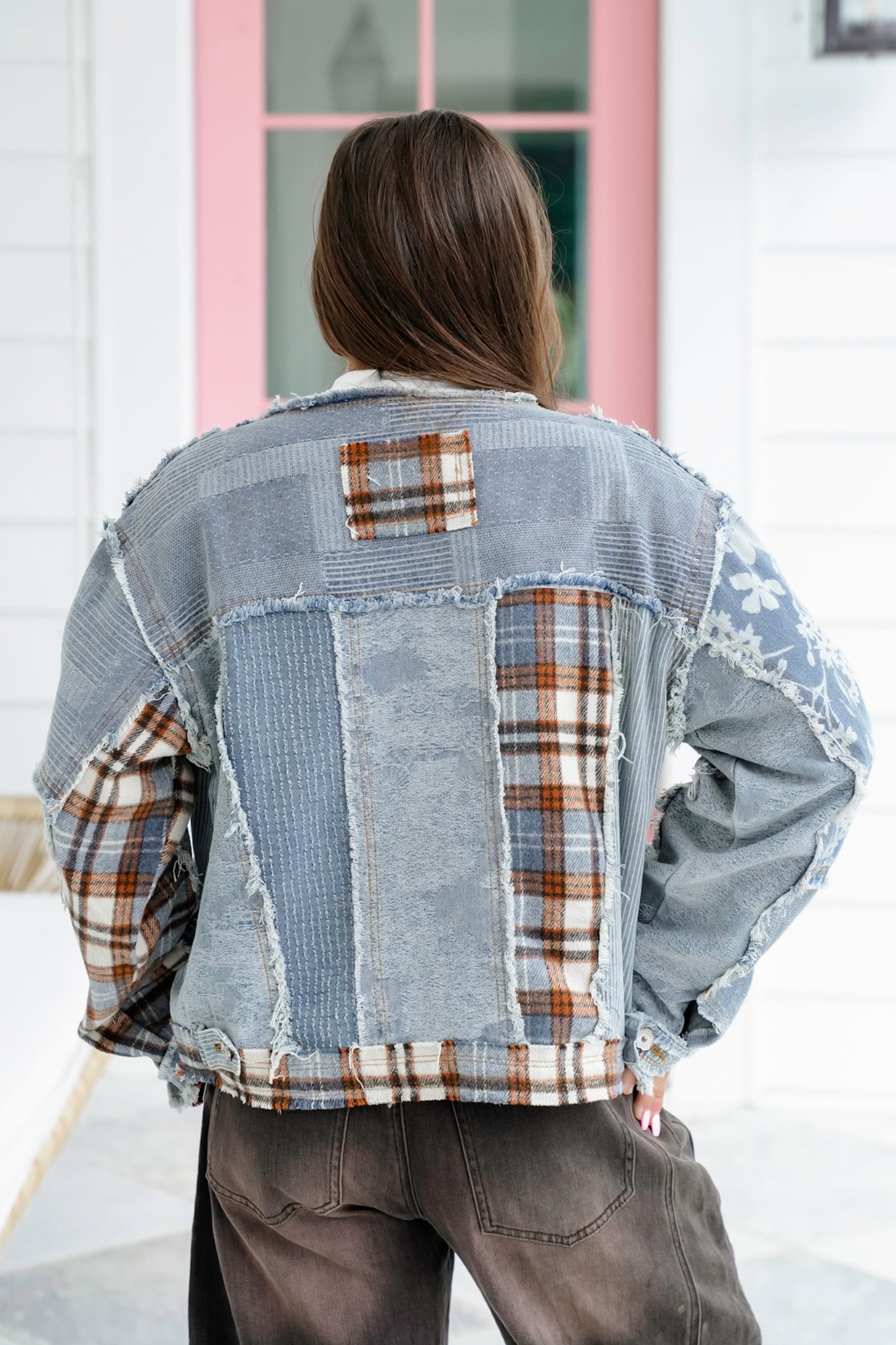 POL Long Sleeve Zip Up Jacket with Patchwork Detail