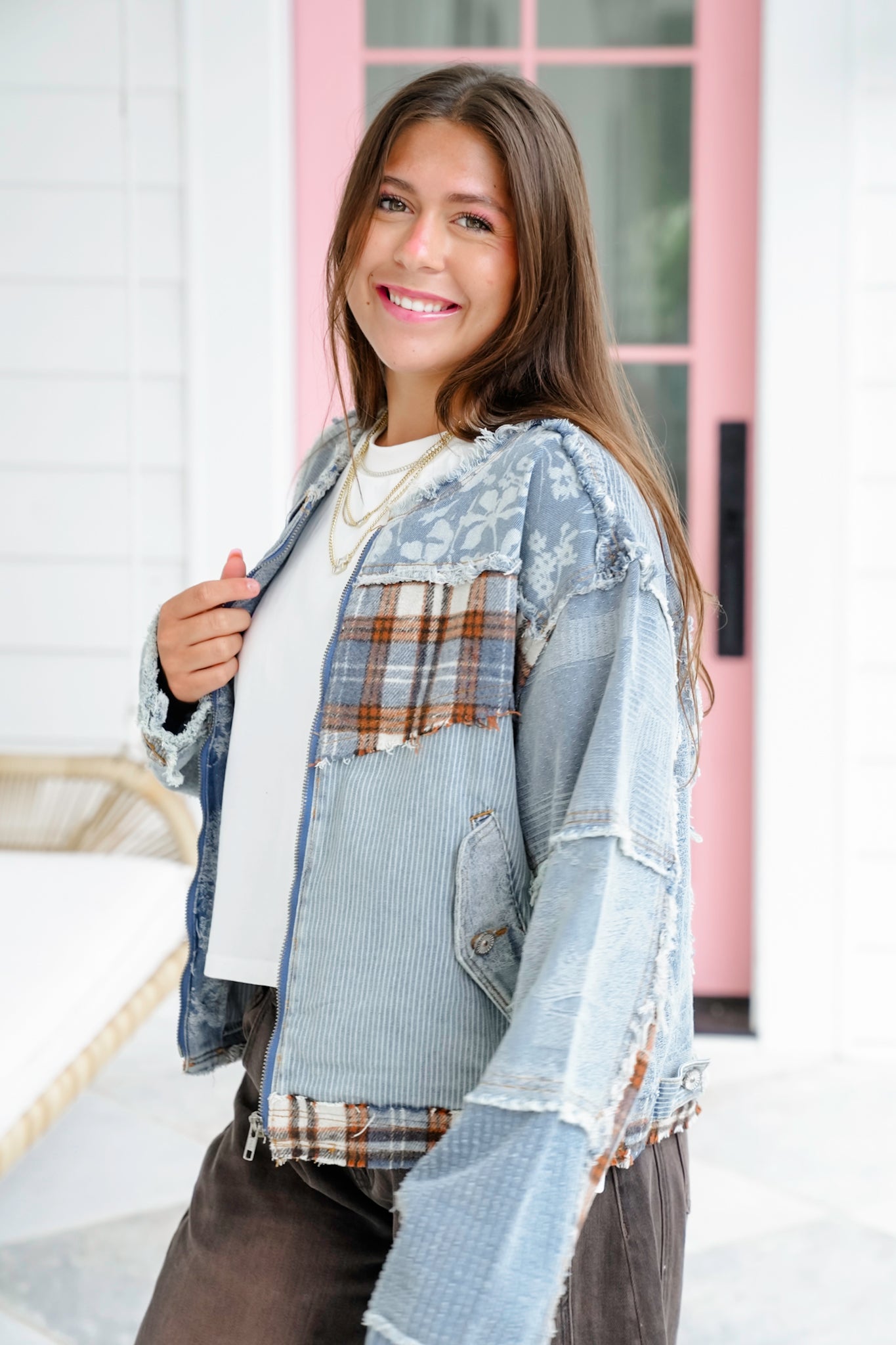 POL Long Sleeve Zip Up Jacket with Patchwork Detail