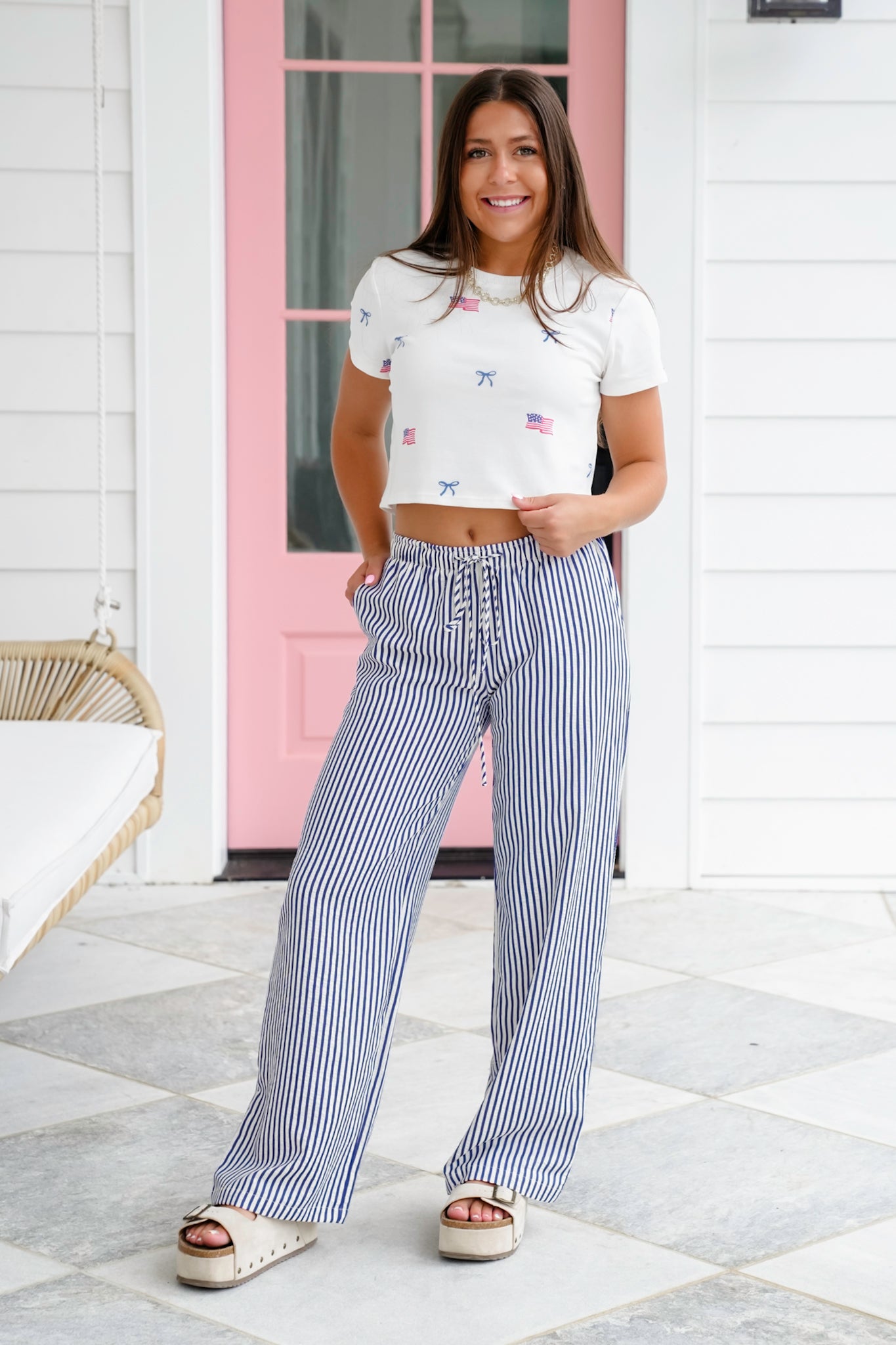 American Flag and Bow Print Short Sleeve Crop Tee Shirt