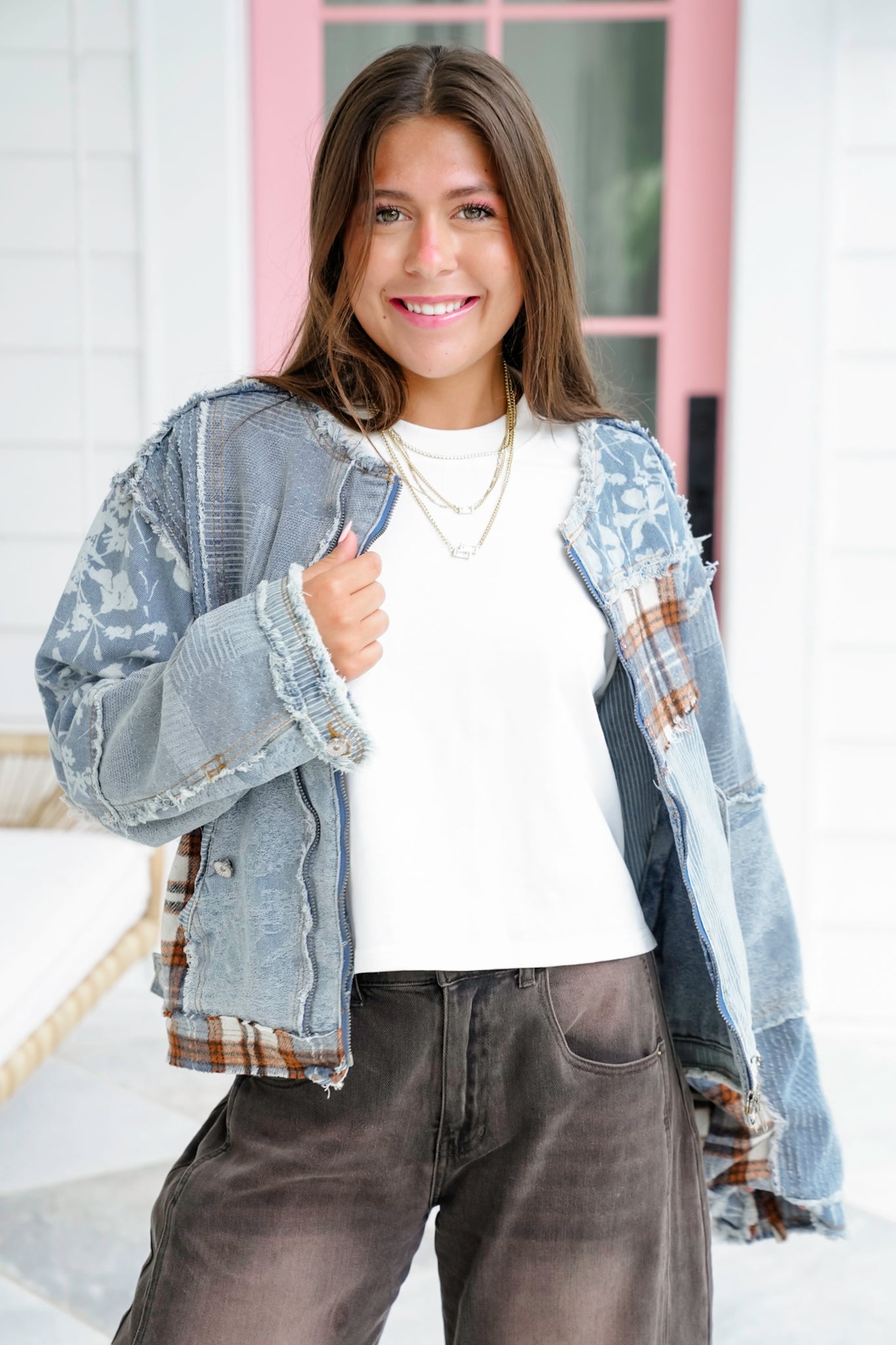 POL Long Sleeve Zip Up Jacket with Patchwork Detail