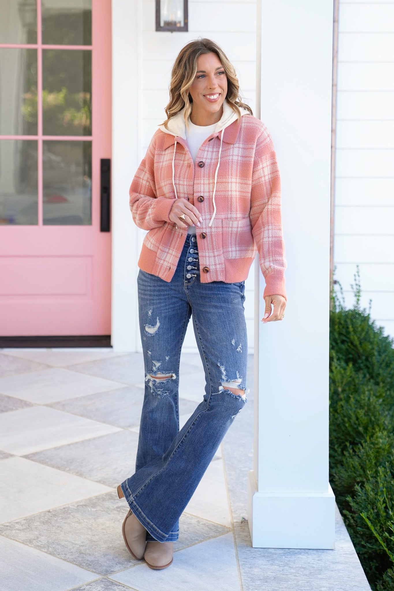 Plaid Long Sleeve Button Down Hooded Sweater Jacket