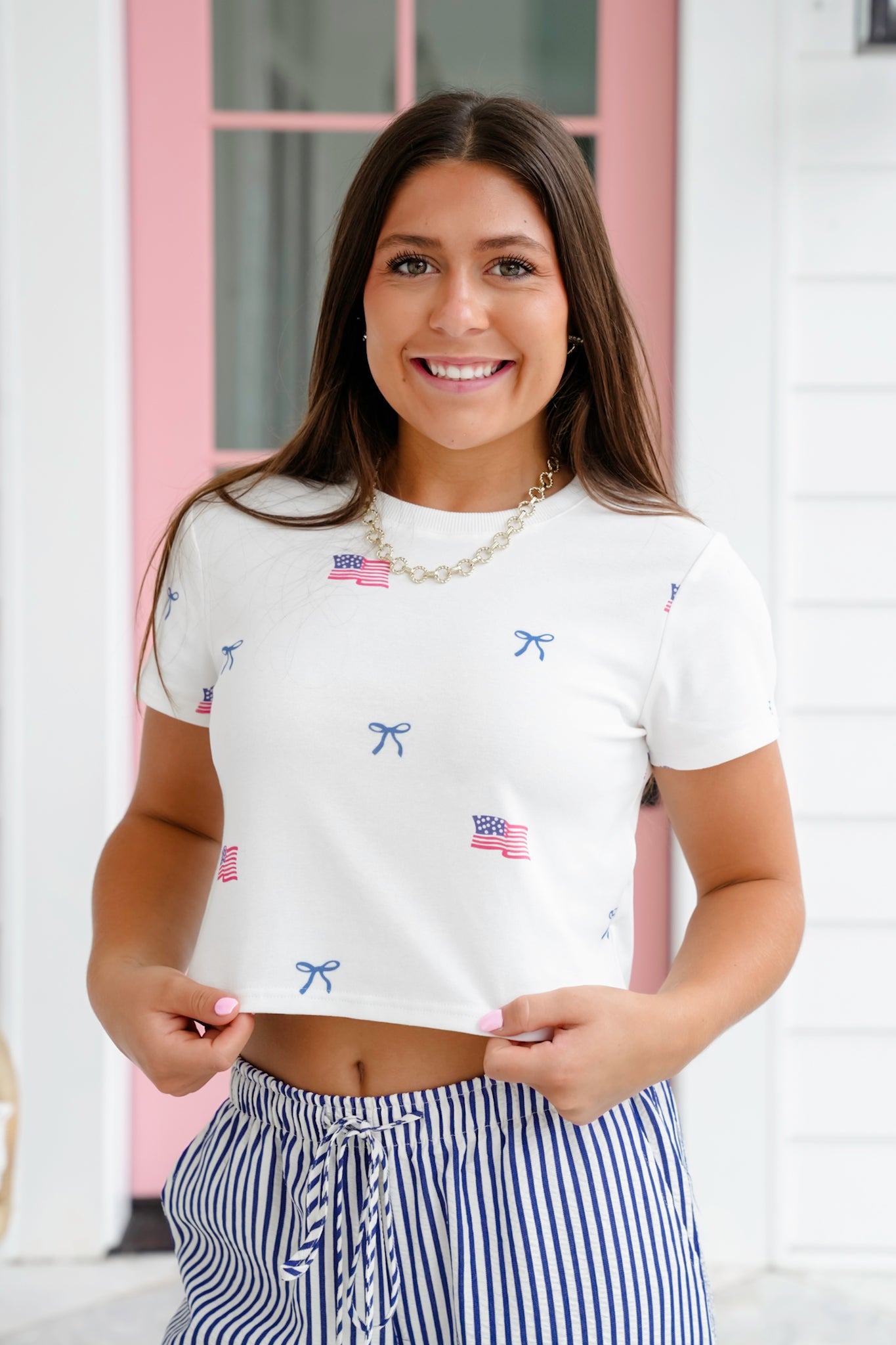 American Flag and Bow Print Short Sleeve Crop Tee Shirt