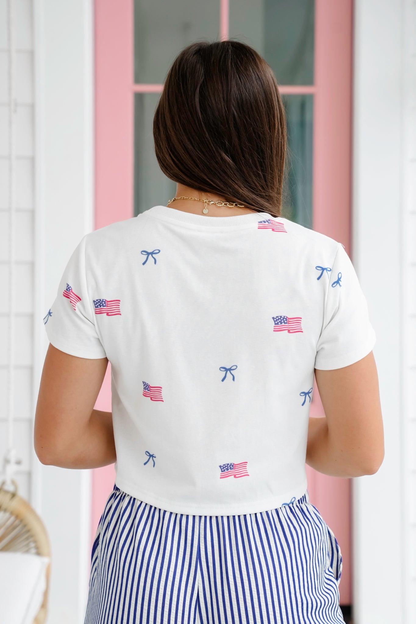 American Flag and Bow Print Short Sleeve Crop Tee Shirt
