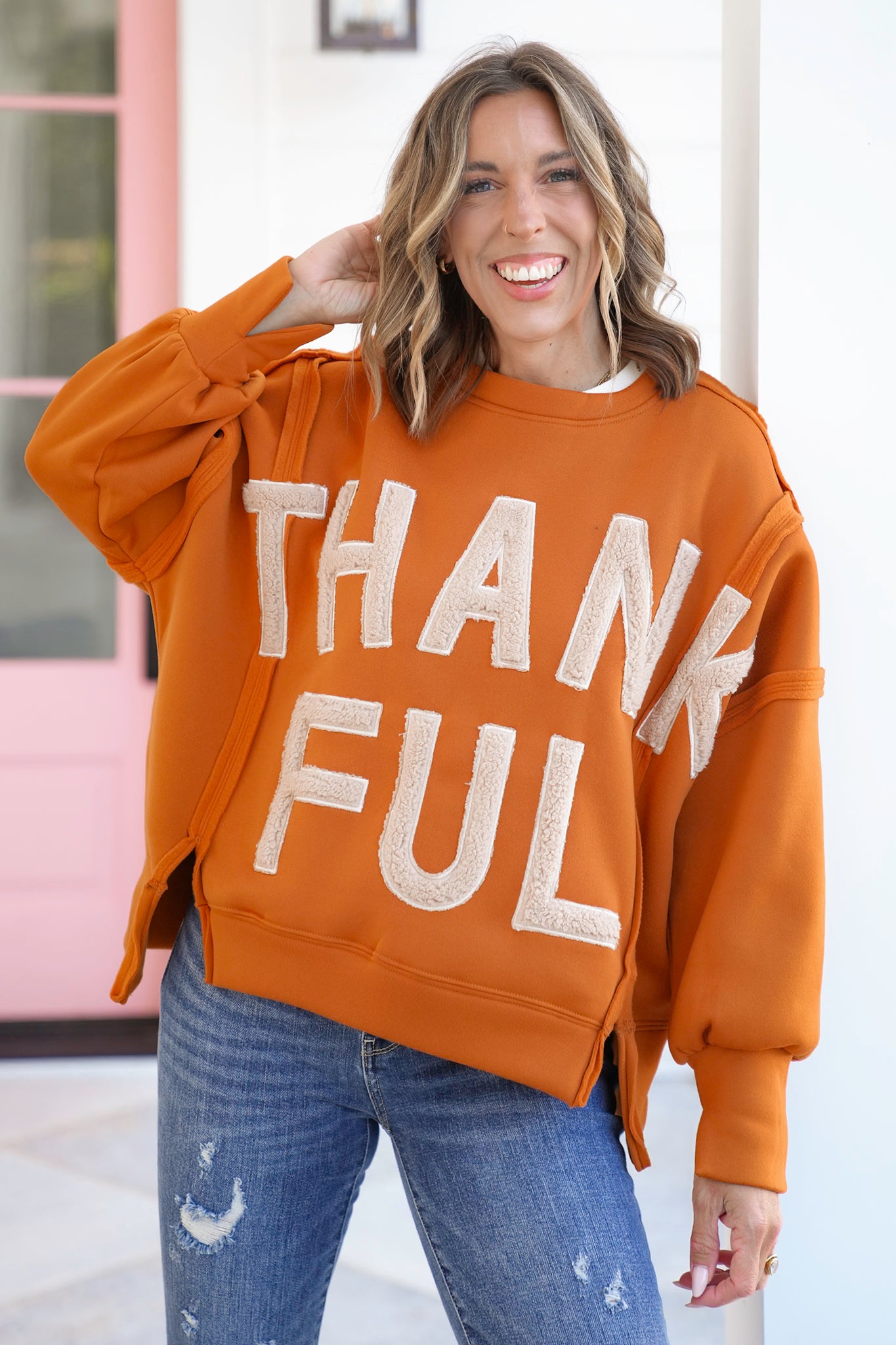 Rust Long Sleeve "Thankful" Sweatshirt
