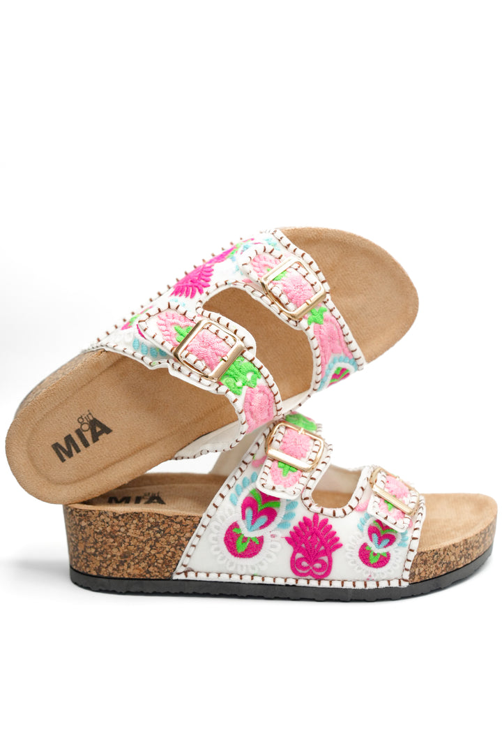 MIA Floral Print Double Buckle Cork Platform Sandal