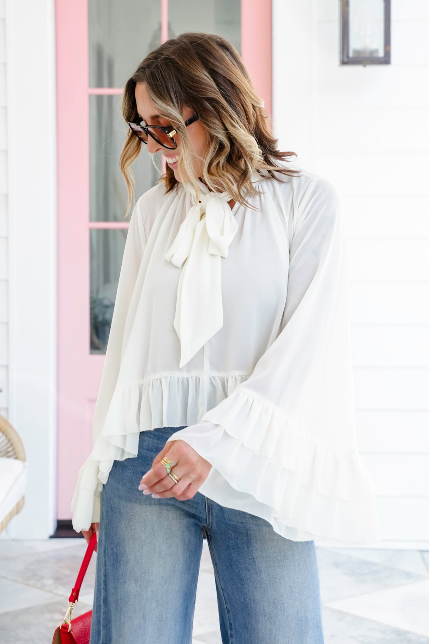 Plus/Reg Long Bell Sleeve Ruffle Blouse