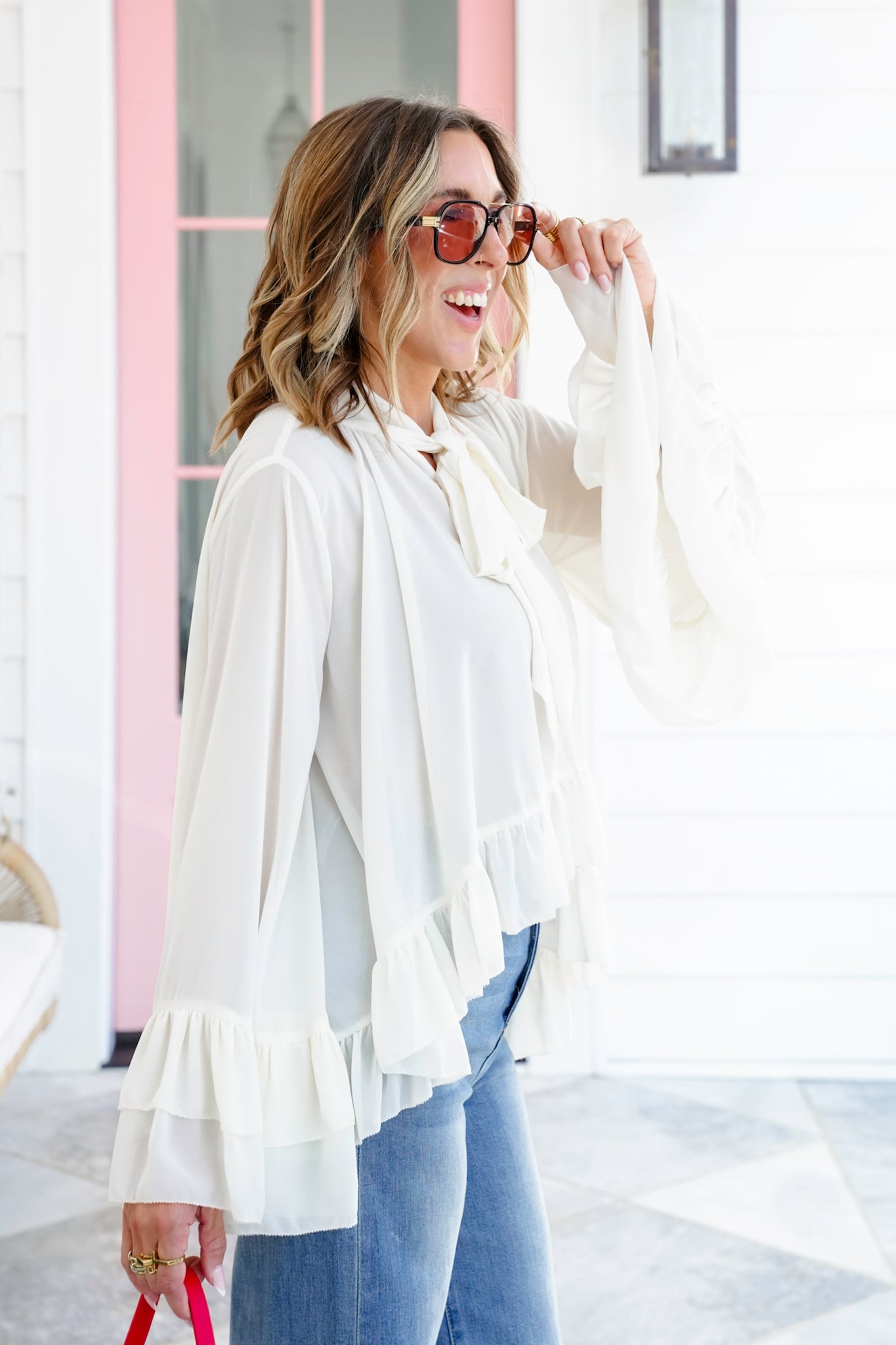 Plus/Reg Long Bell Sleeve Ruffle Blouse