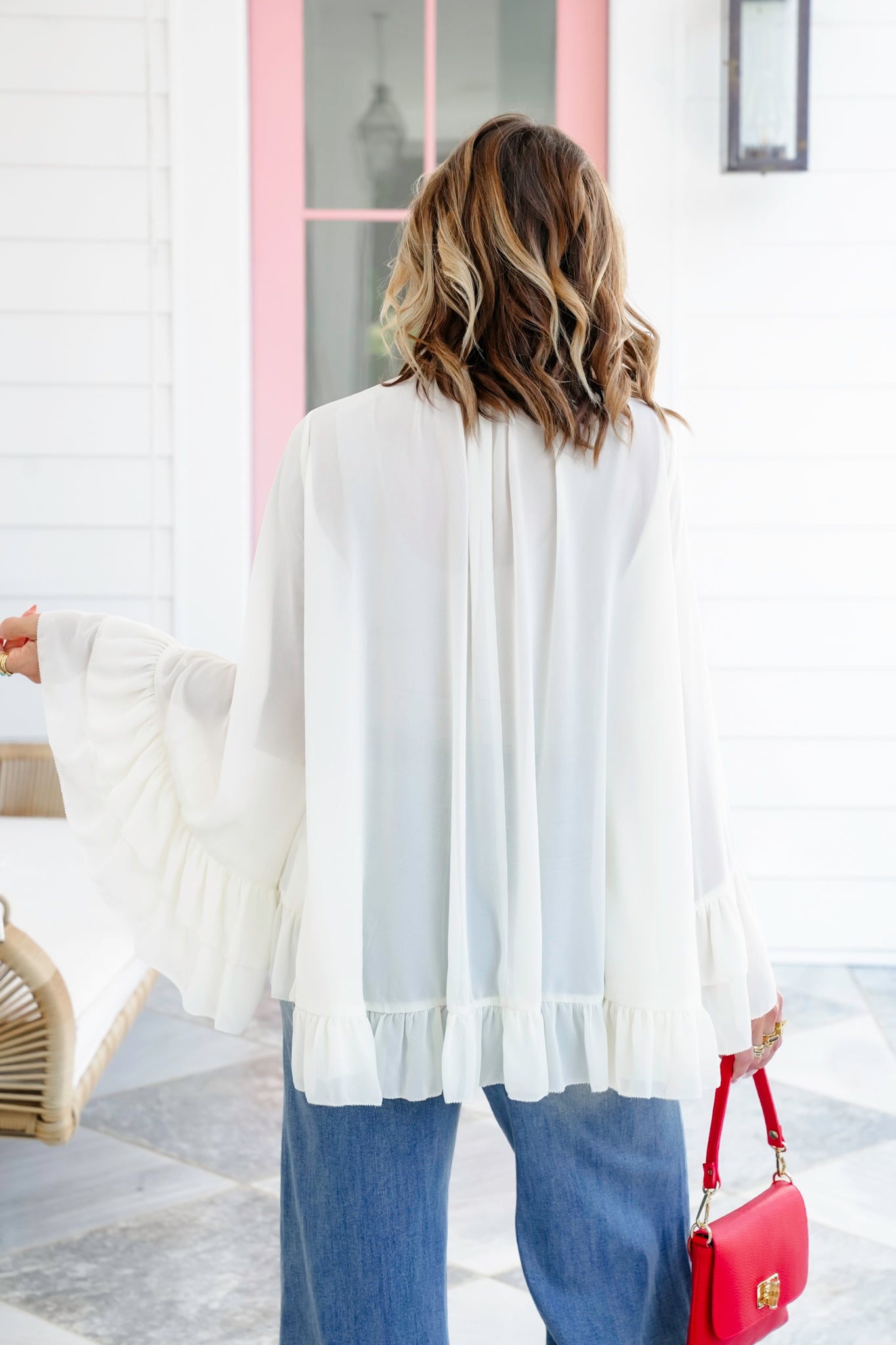 Plus/Reg Long Bell Sleeve Ruffle Blouse