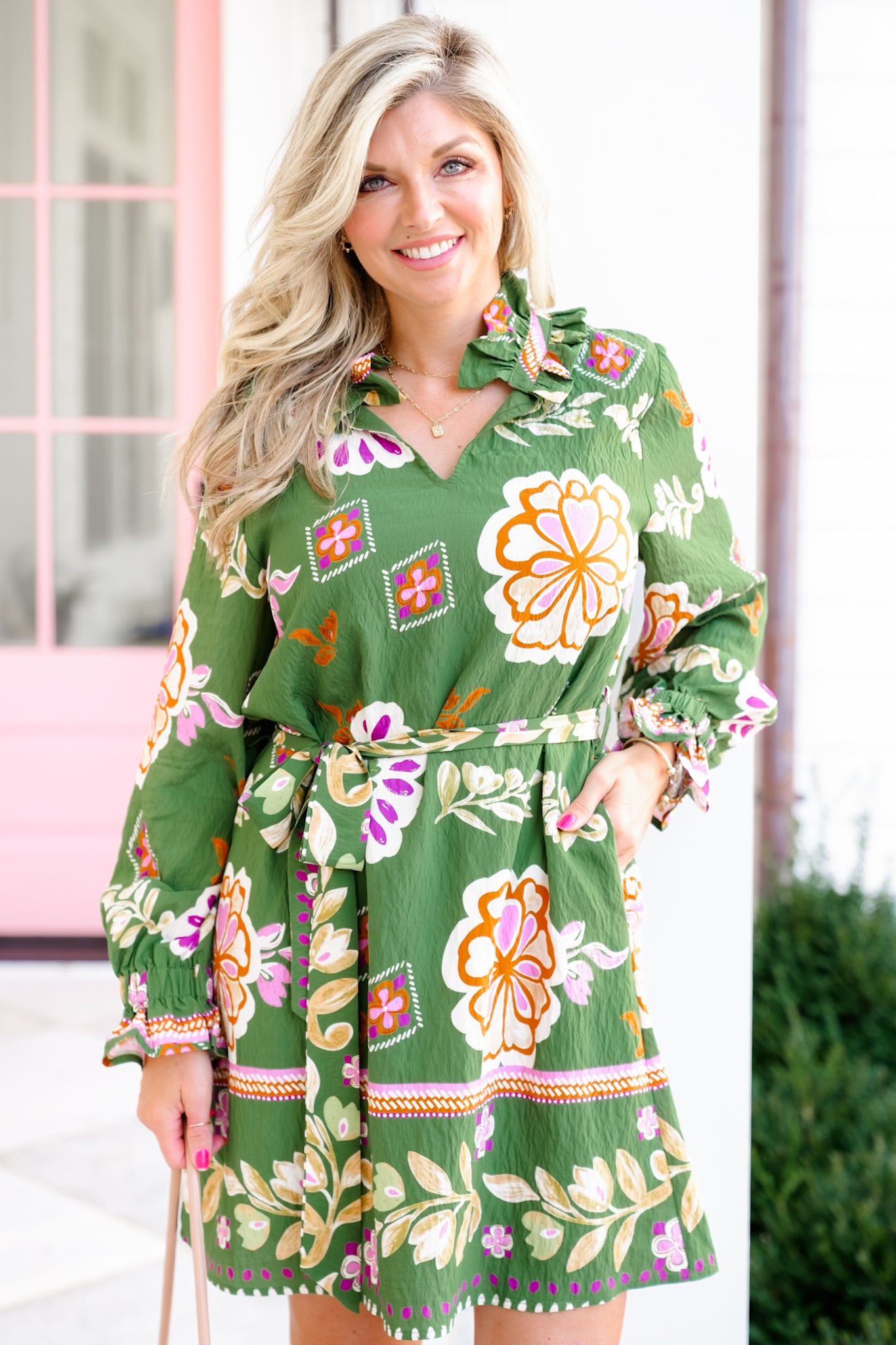 Boho Floral Long Sleeve Dress with Tie Waist