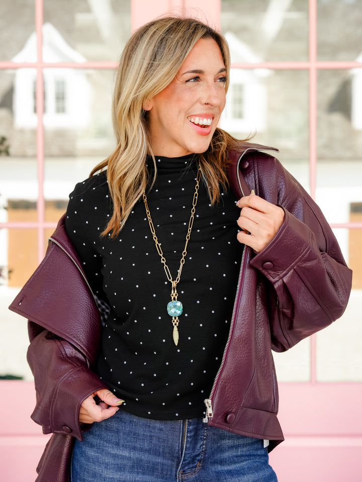 Polka Dot Long Sleeve Mock Neck Top - Freckled Poppy