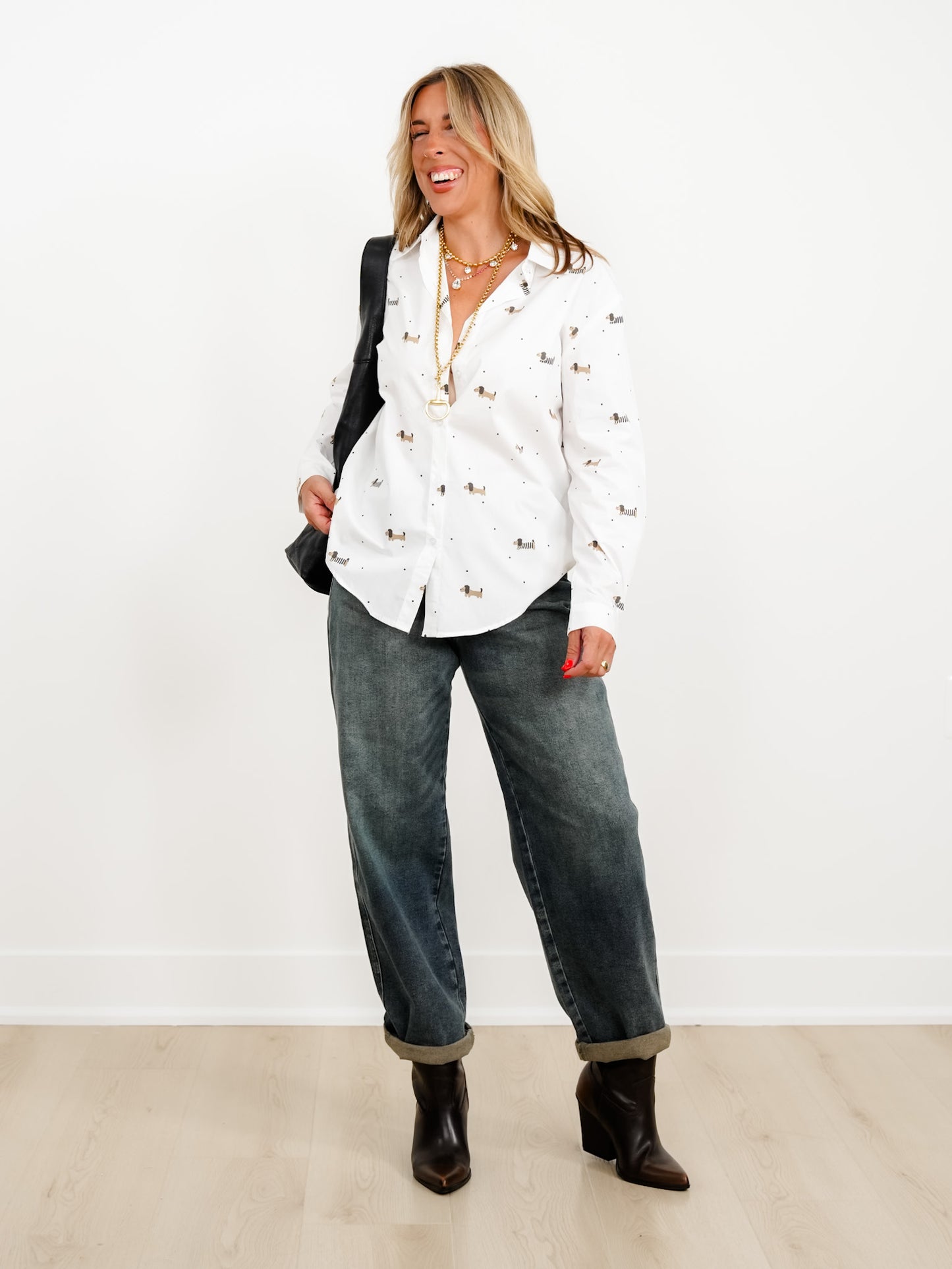 Dachshund Print Long Sleeve Button Up Top