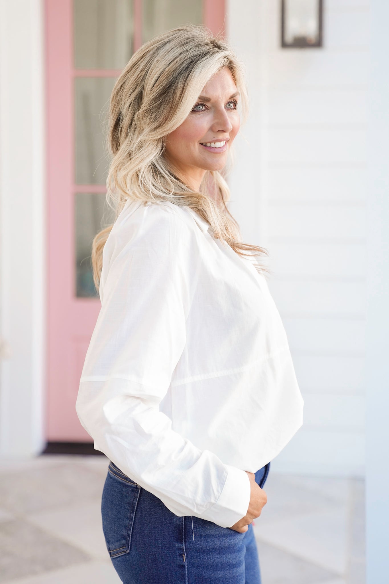 Hidden Placket Collared Long Sleeve Top