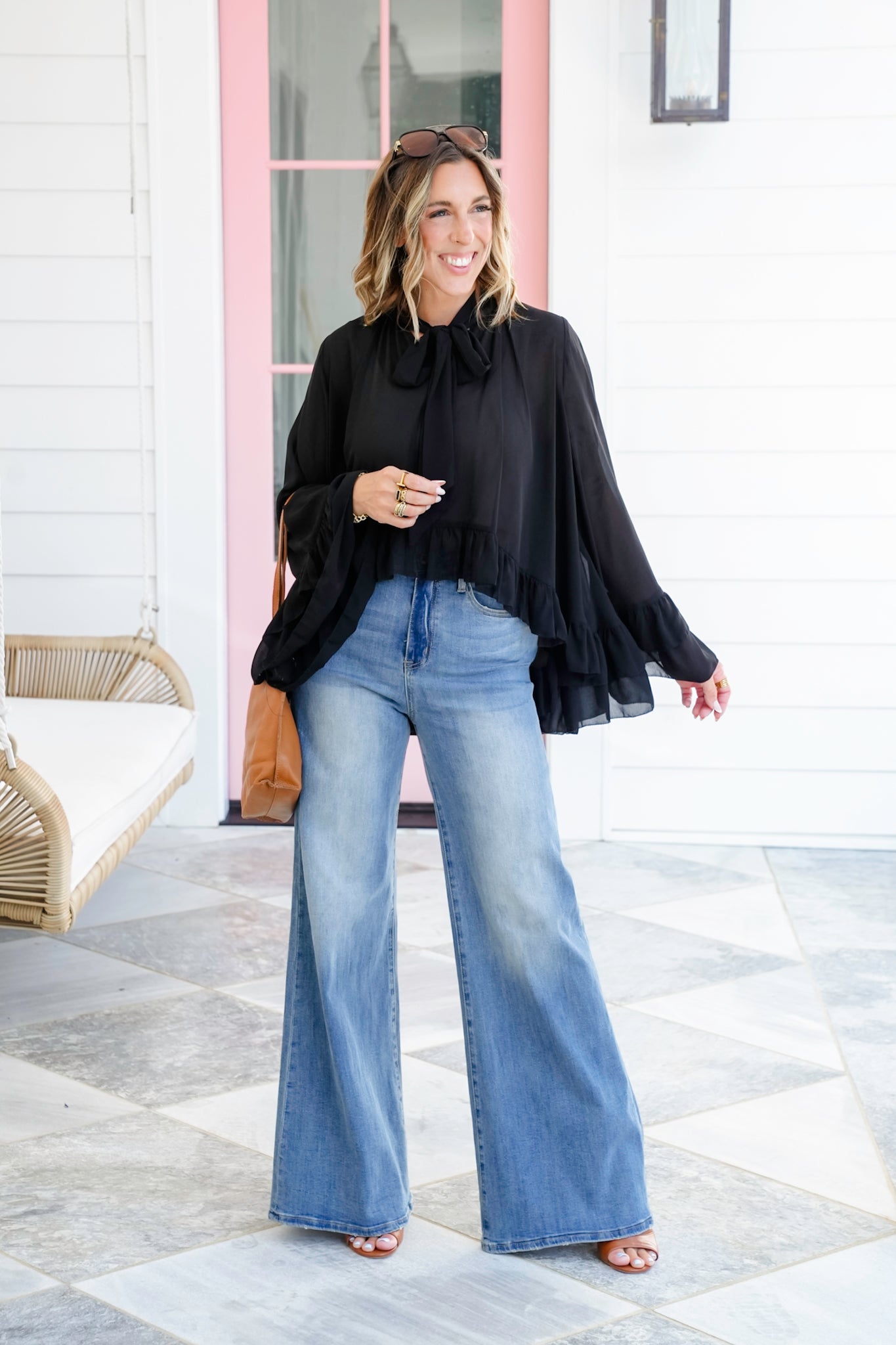 Plus/Reg Long Bell Sleeve Ruffle Blouse