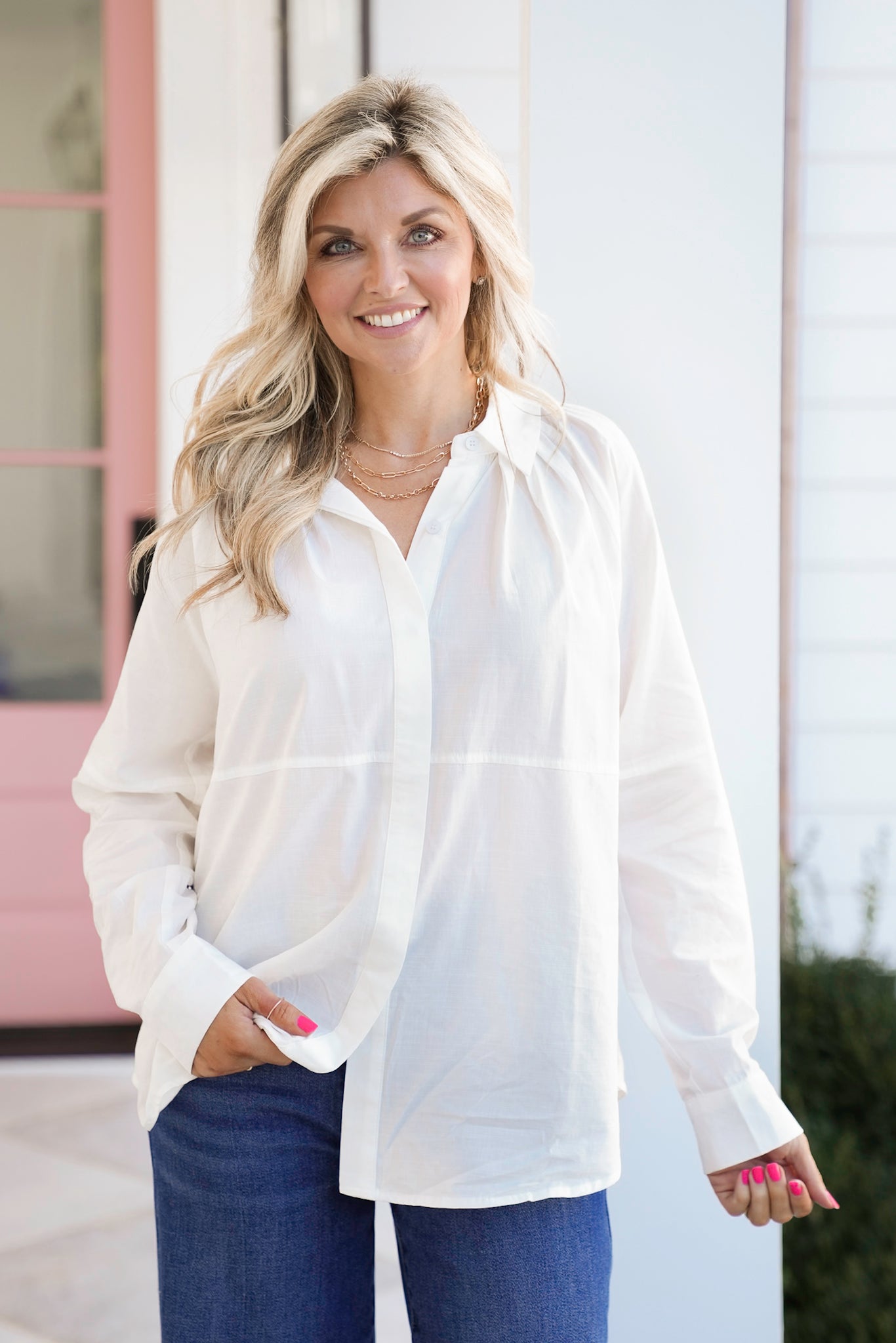 Hidden Placket Collared Long Sleeve Top