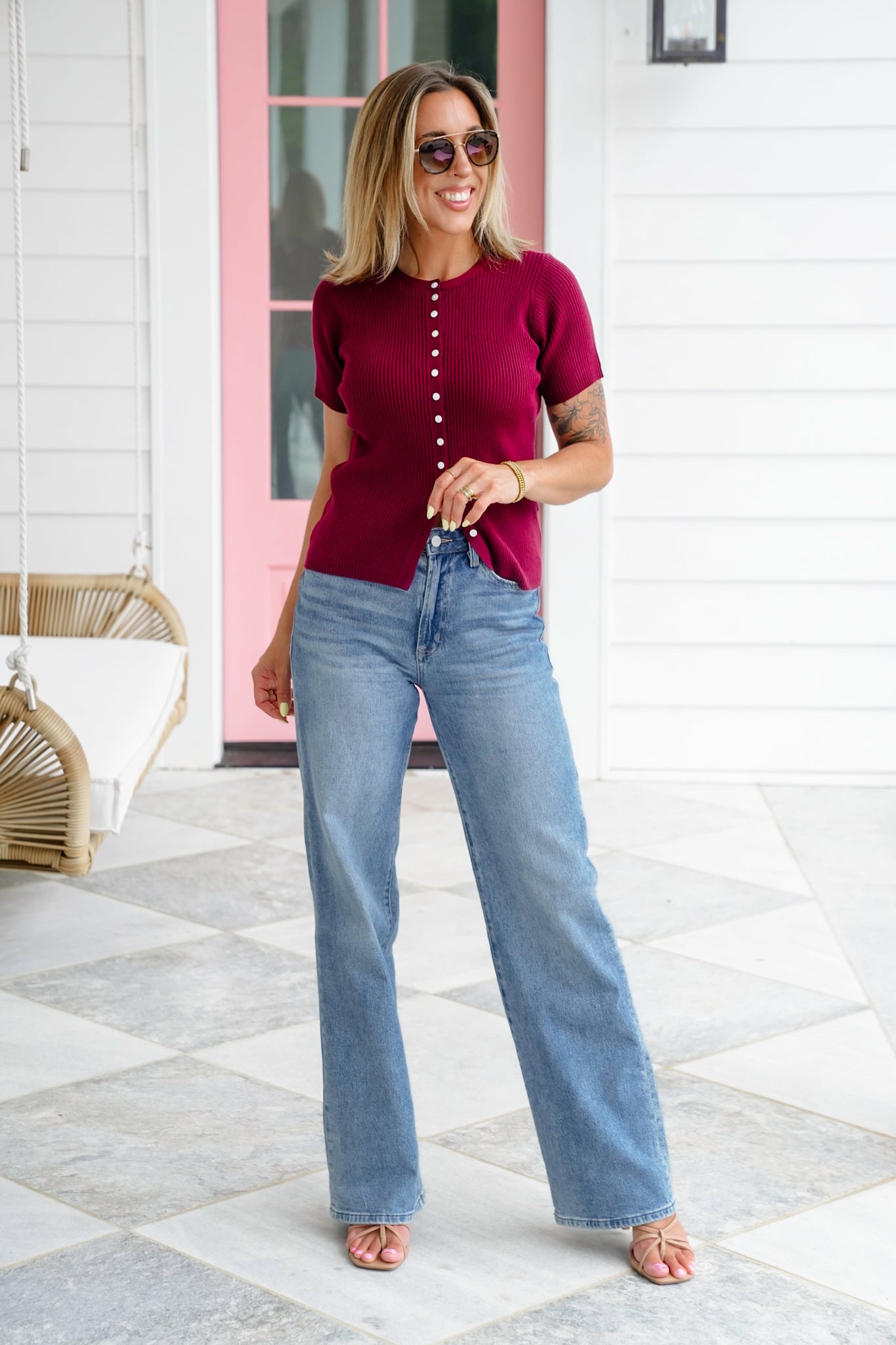Ribbed Knit Short Sleeve Button Down Top