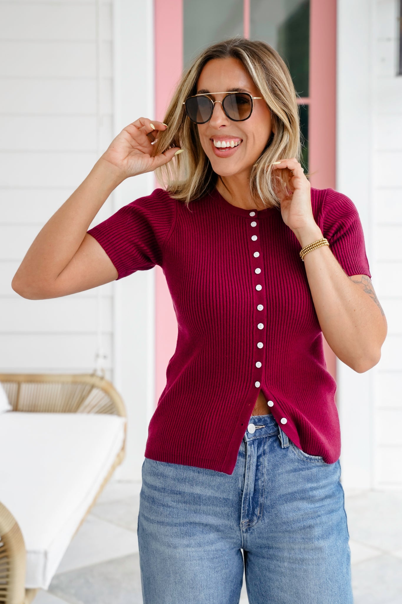 Ribbed Knit Short Sleeve Button Down Top