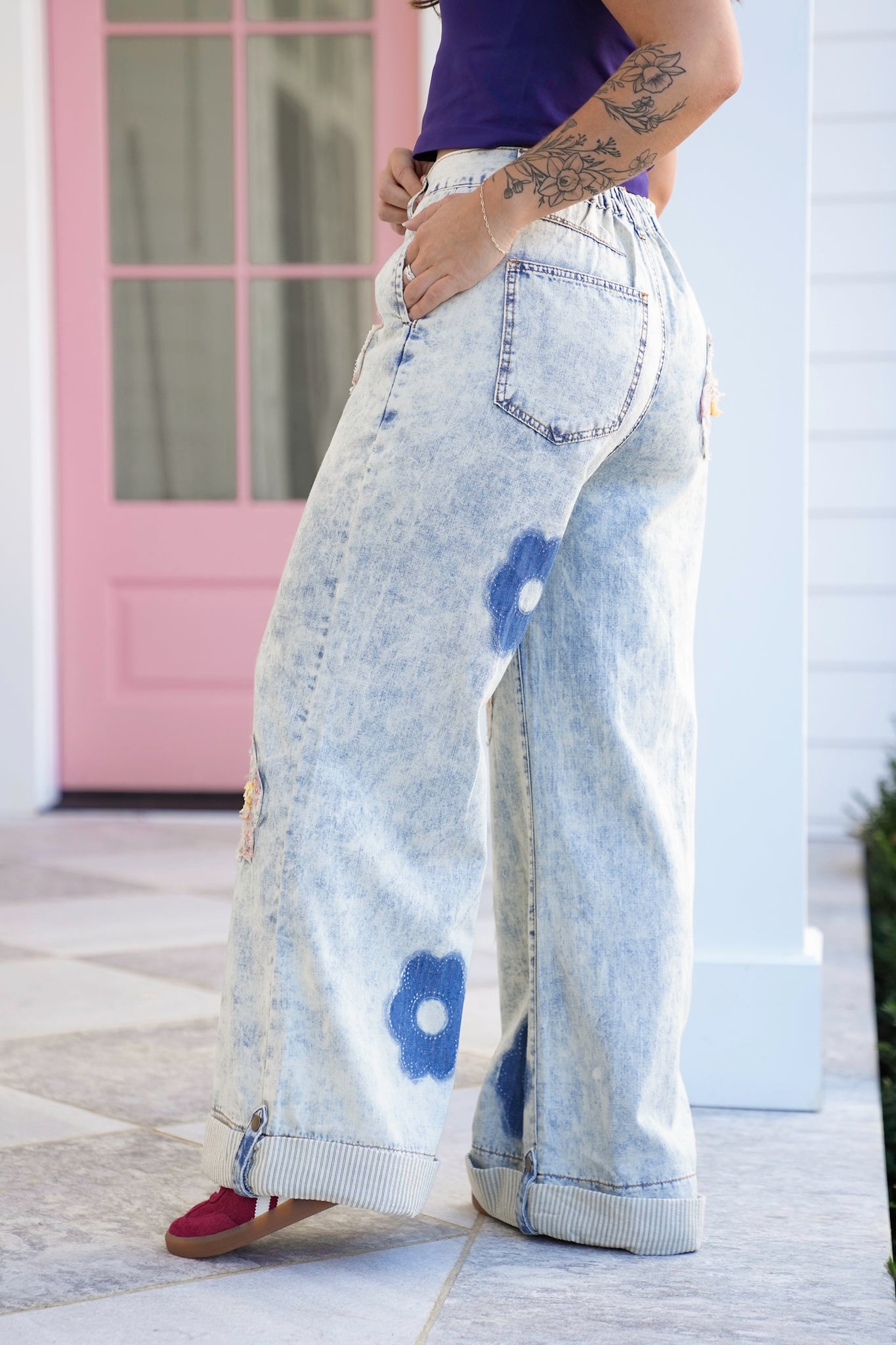 POL Light Wash Wide Leg Pants with Floral Patchwork