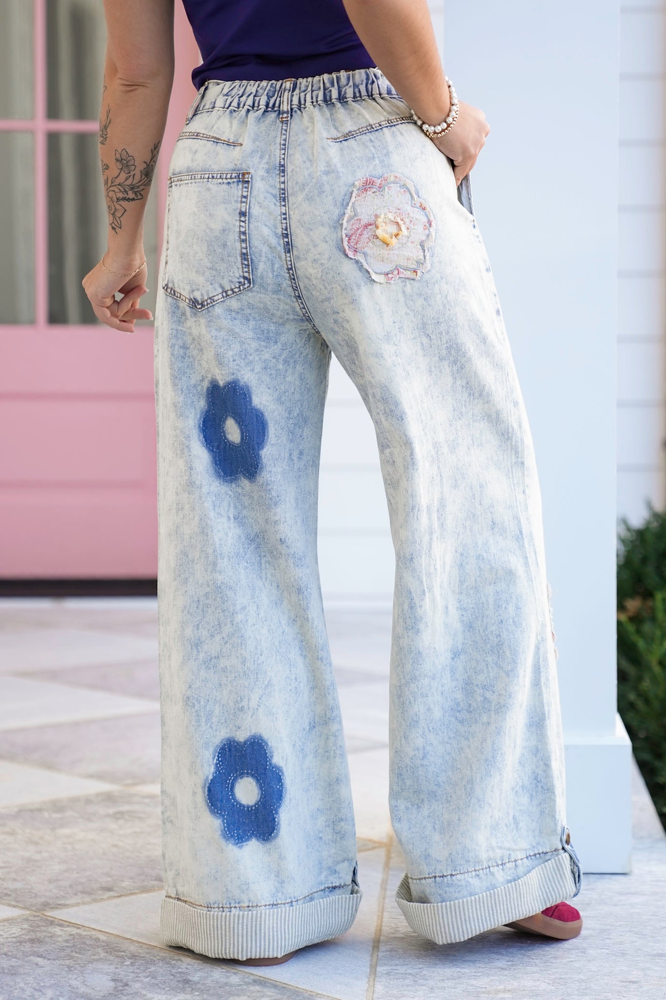 POL Light Wash Wide Leg Pants with Floral Patchwork