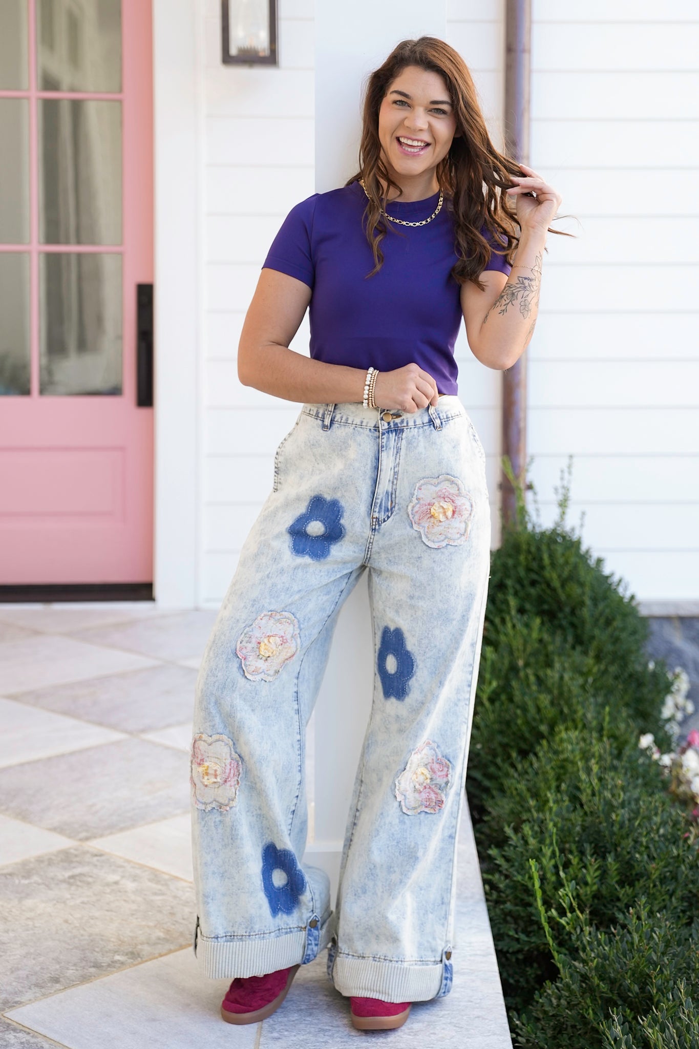 POL Light Wash Wide Leg Pants with Floral Patchwork