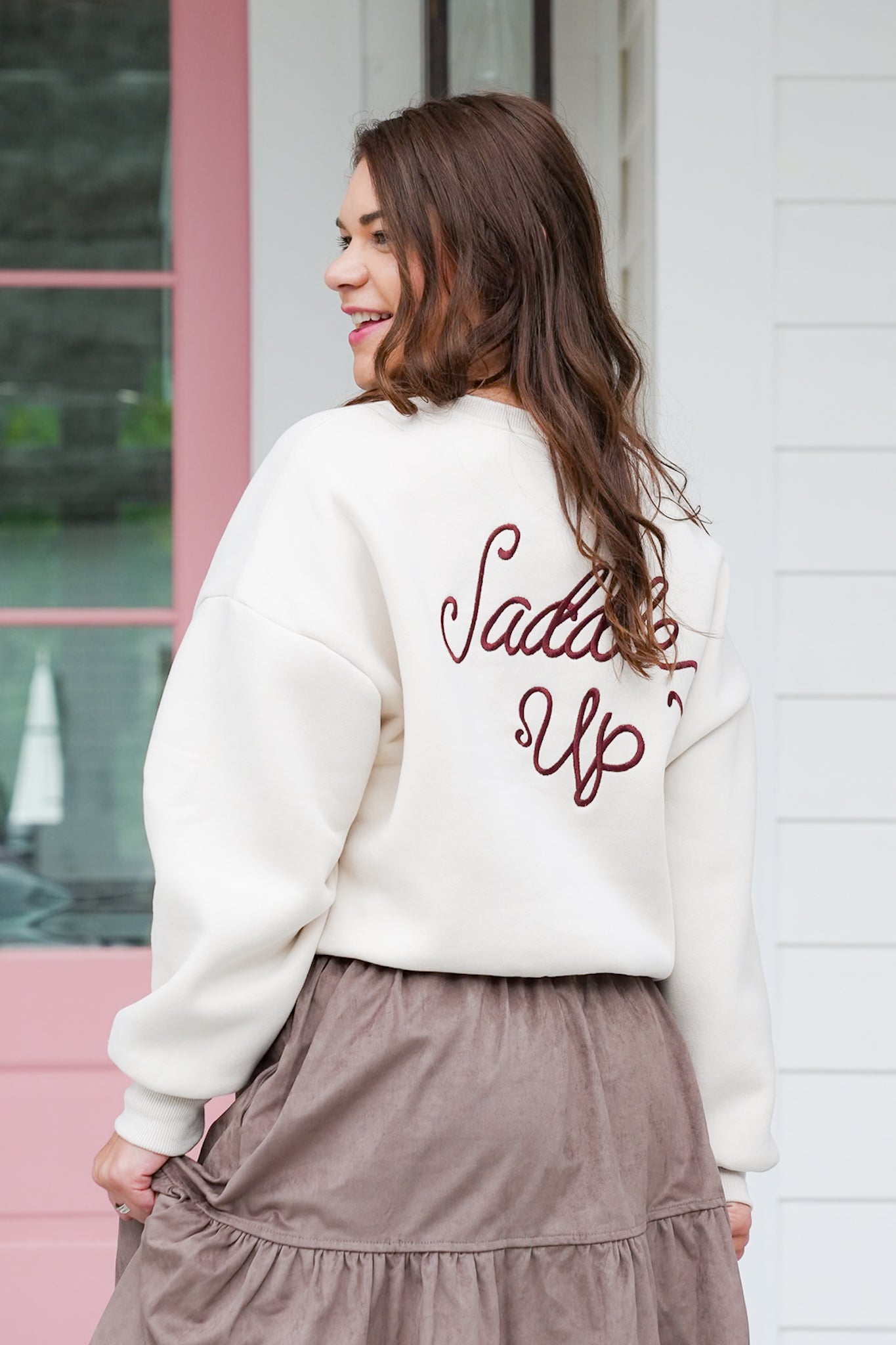 Long Sleeve Embroidered "Saddle Up" Pullover Sweatshirt