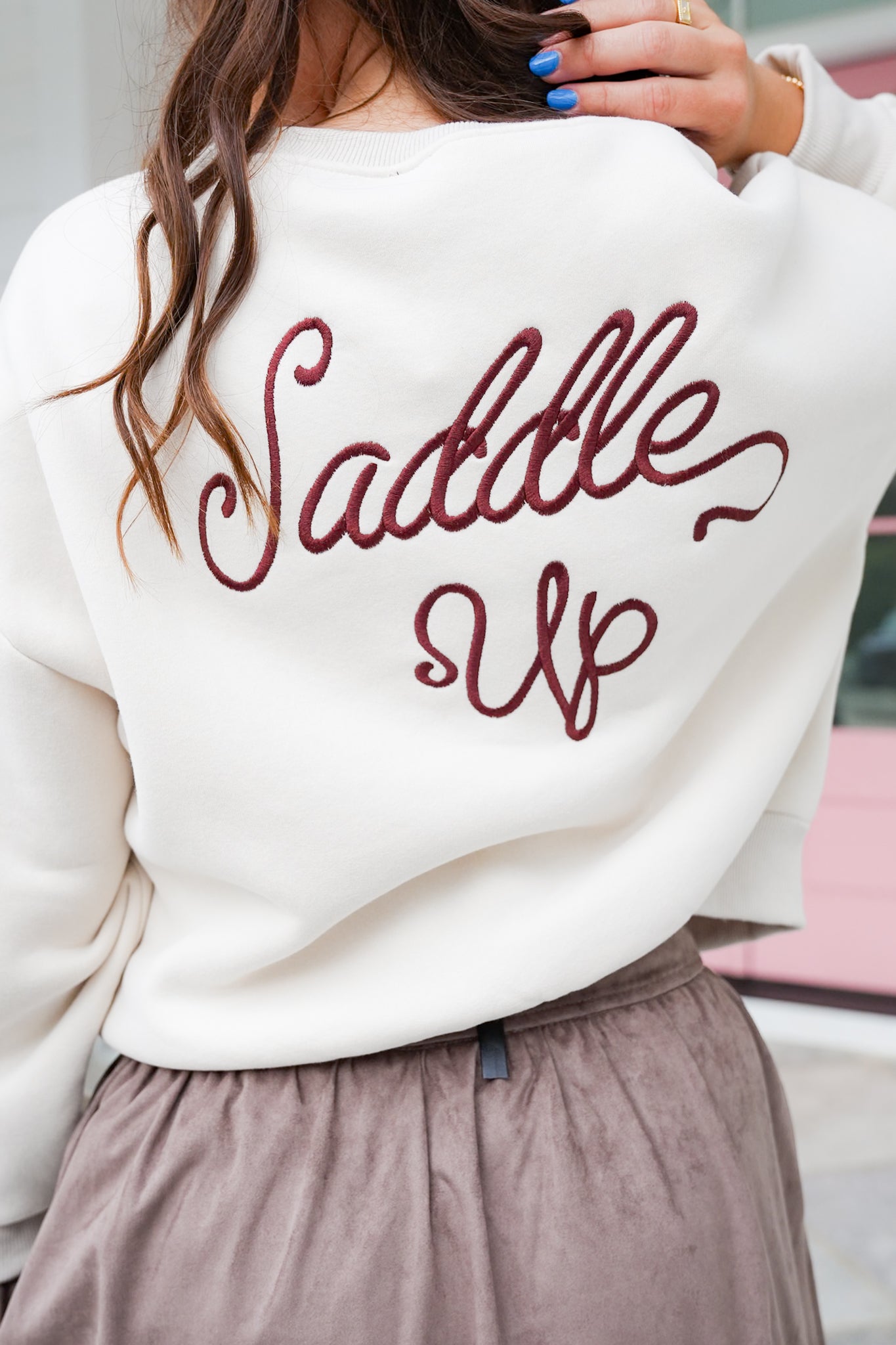 Long Sleeve Embroidered "Saddle Up" Pullover Sweatshirt