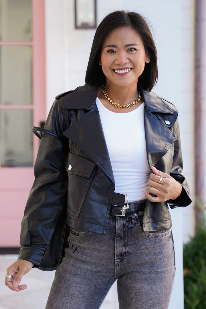 Black Vegan Leather Motto Jacket