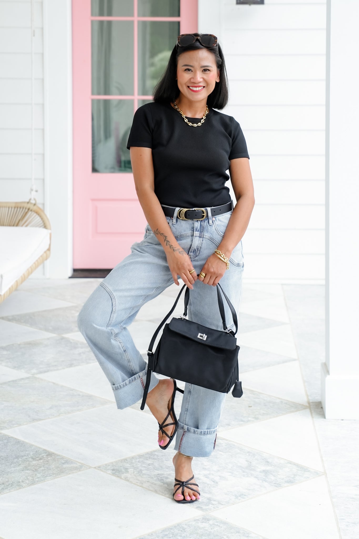 Black Ribbed Short Sleeve Round Neck Top