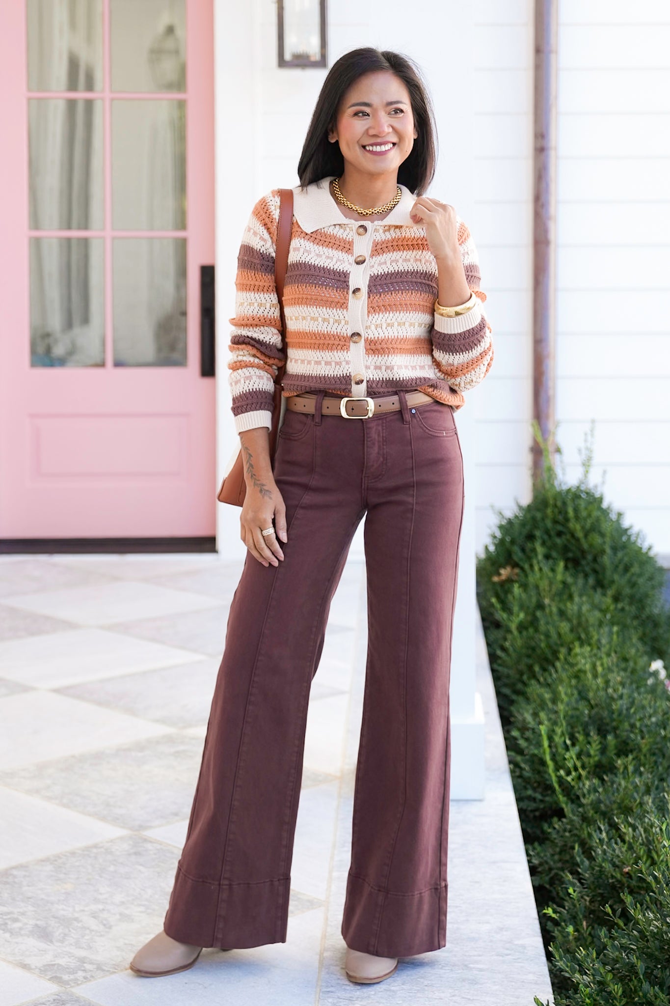 Stripe Crochet Long Sleeve Button Down Cardigan