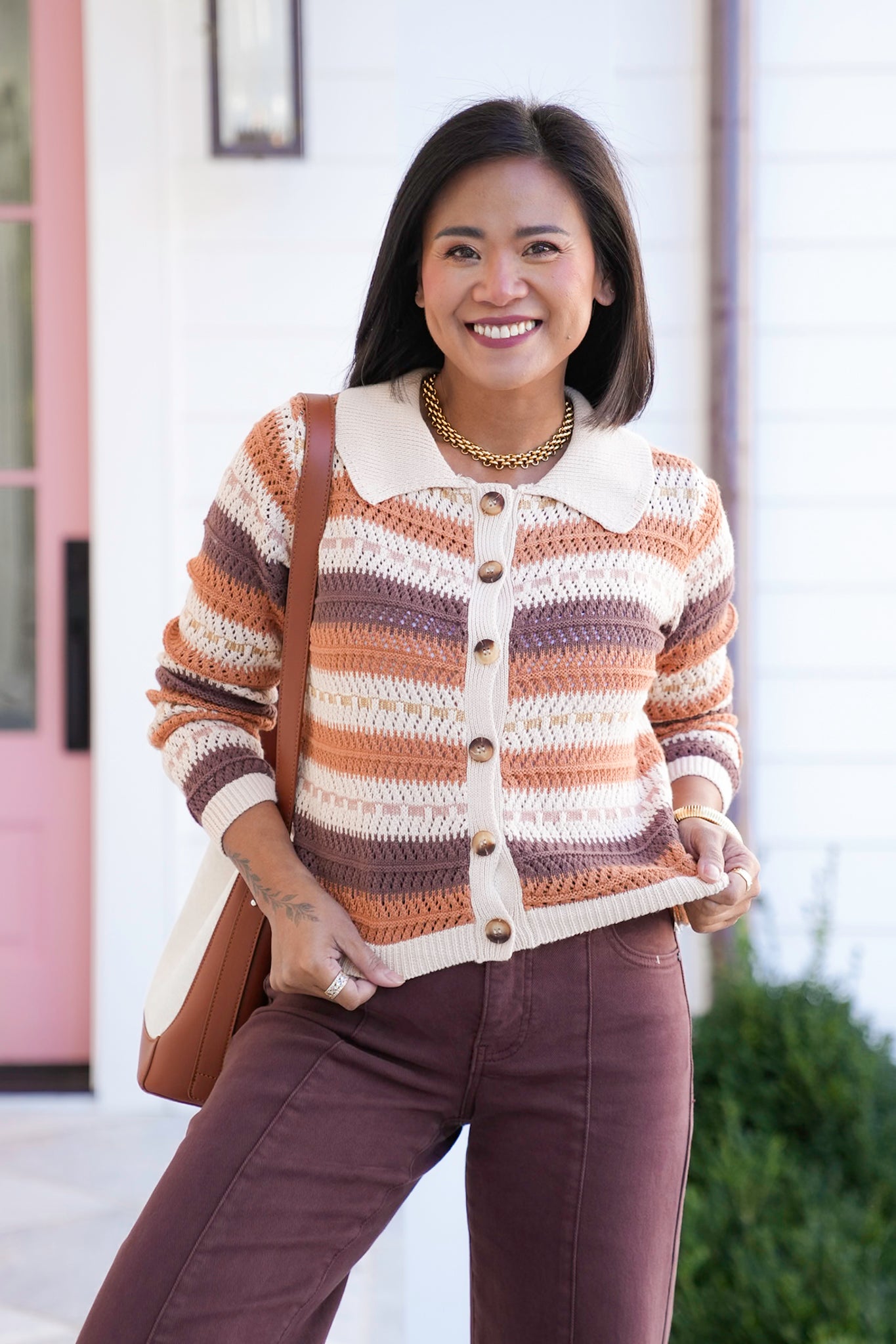 Stripe Crochet Long Sleeve Button Down Cardigan
