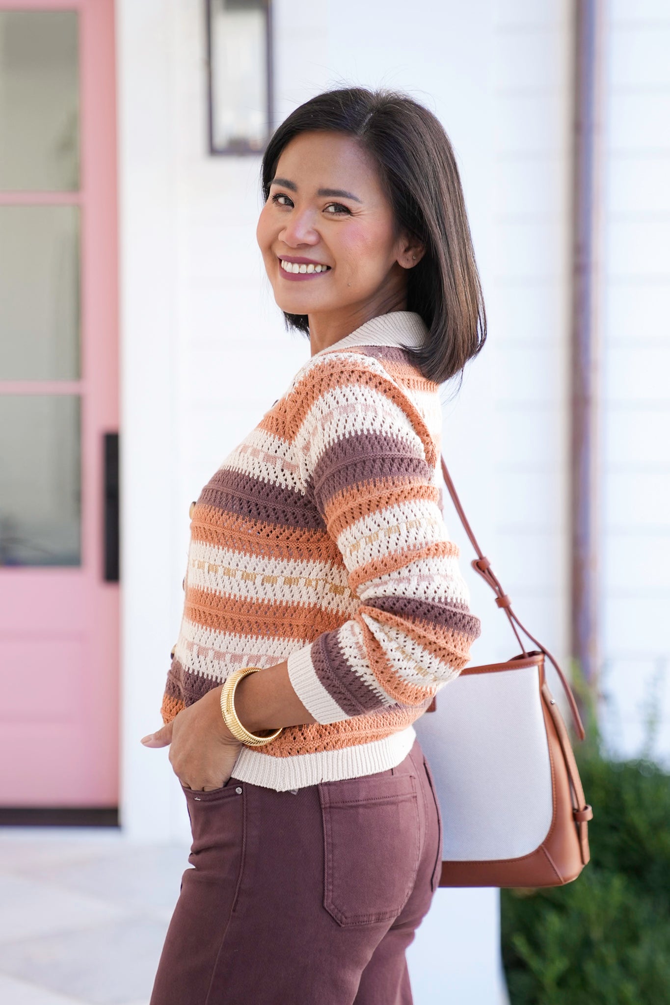 Stripe Crochet Long Sleeve Button Down Cardigan