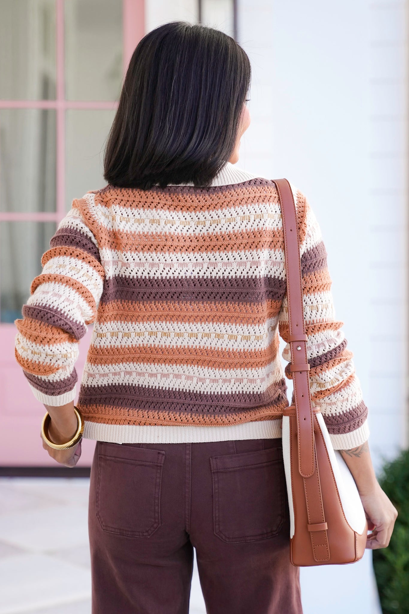 Stripe Crochet Long Sleeve Button Down Cardigan