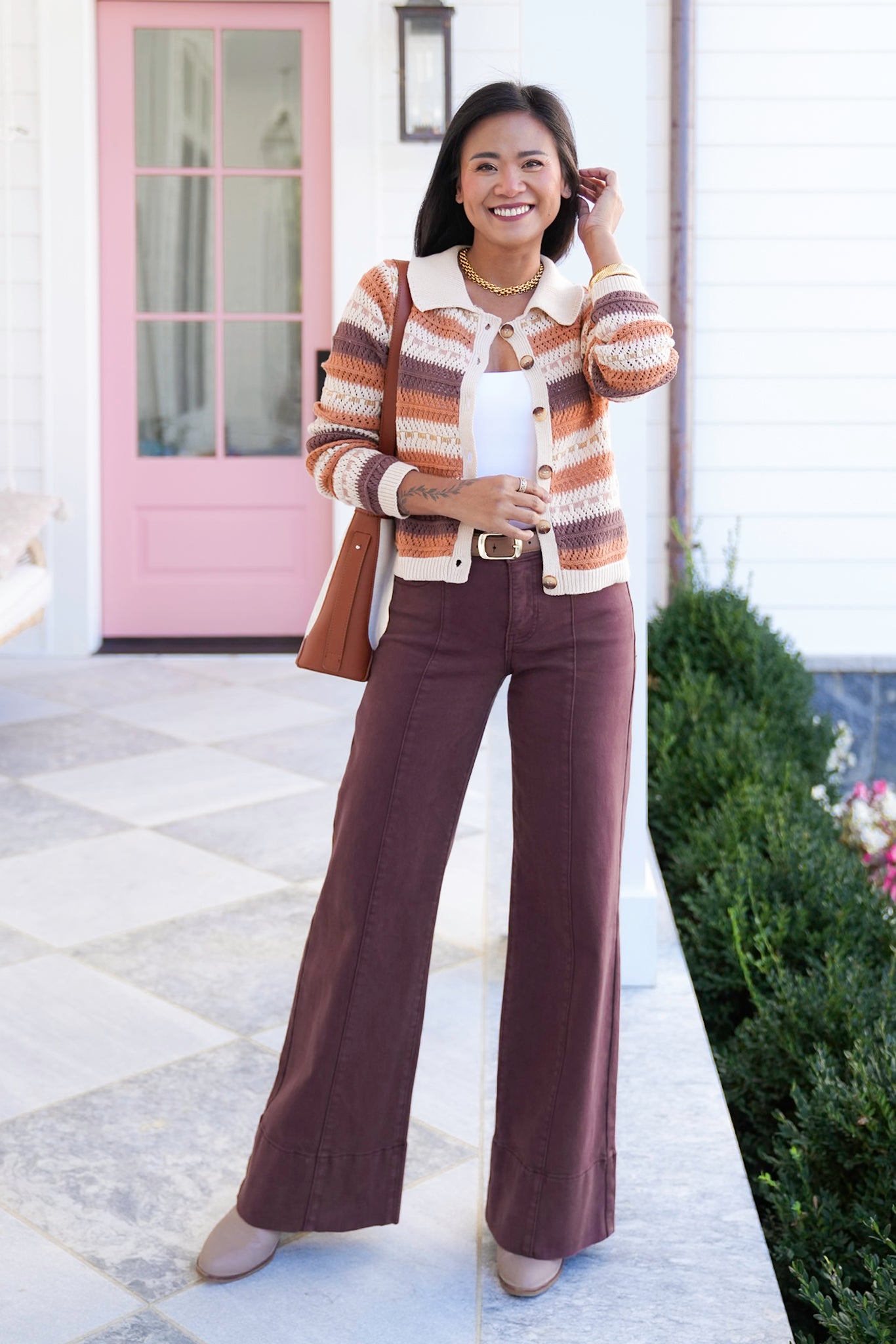 Stripe Crochet Long Sleeve Button Down Cardigan