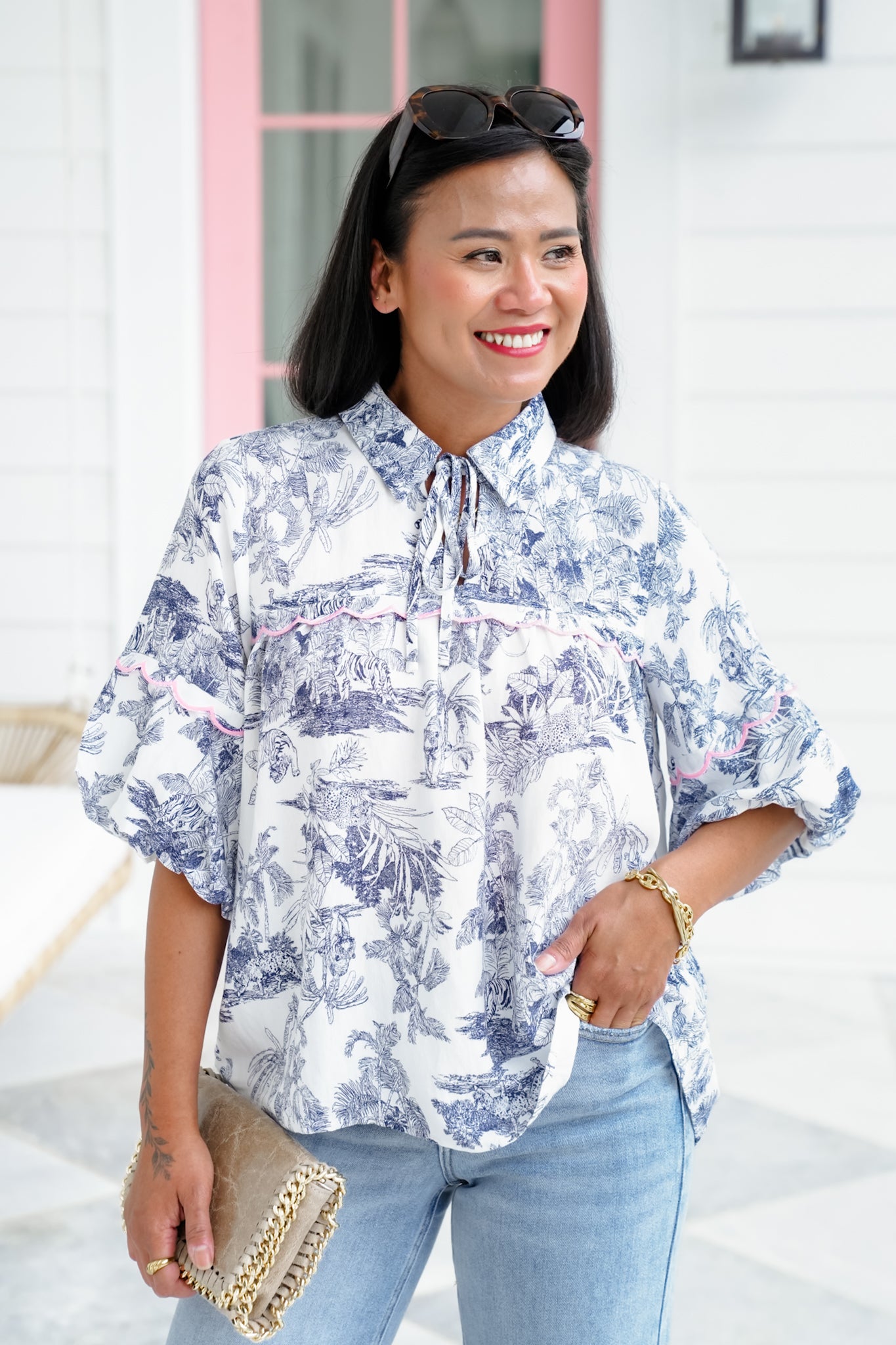 Plus/Reg Print Short Balloon Sleeve Top with Trim Detail