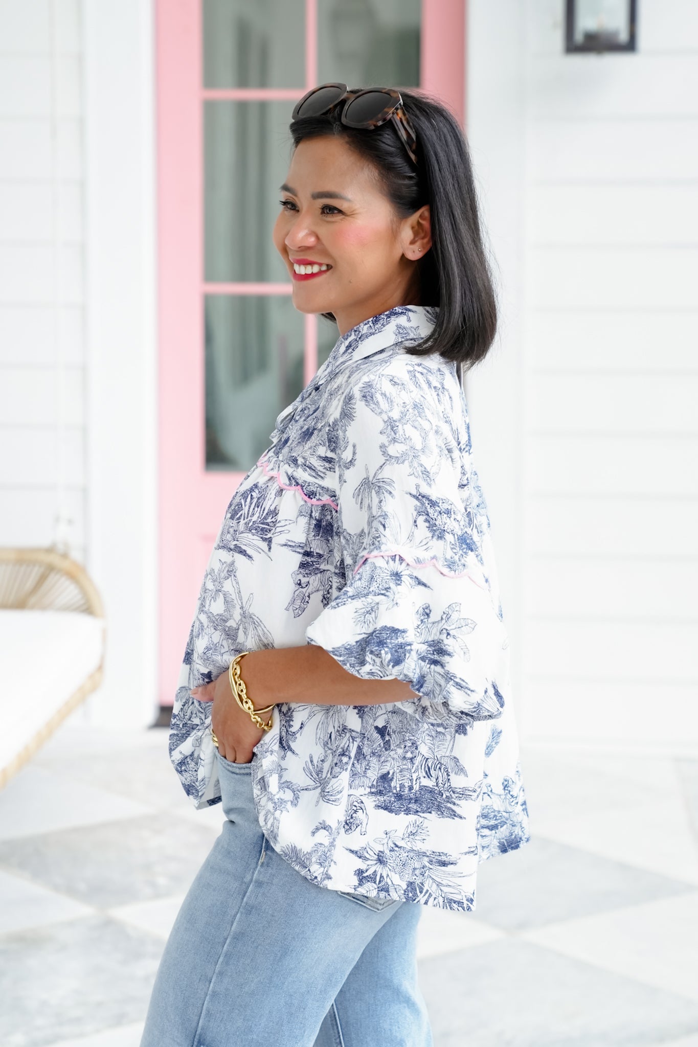 Plus/Reg Print Short Balloon Sleeve Top with Trim Detail