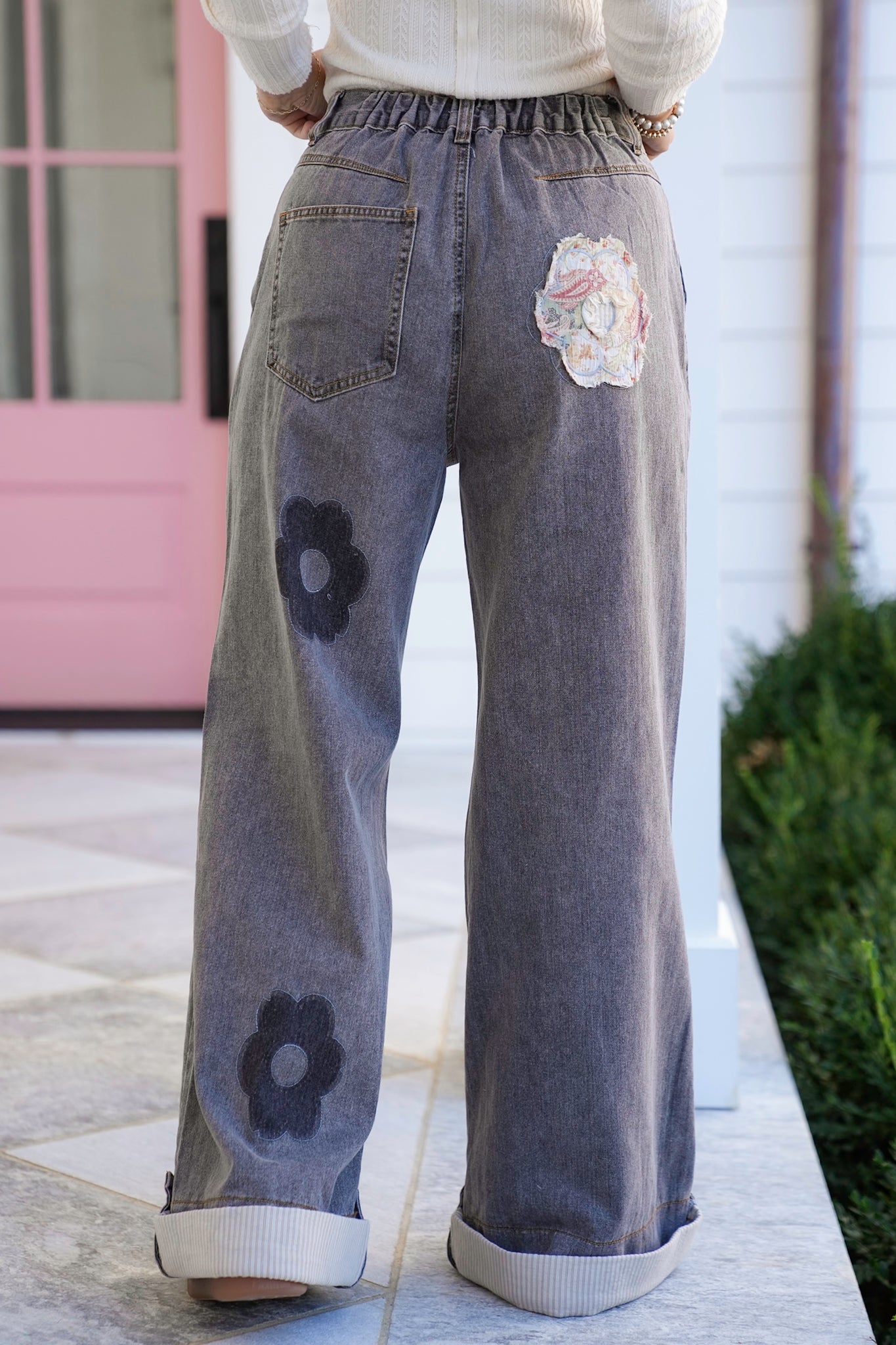 POL Wide Leg Jeans with Floral Patchwork