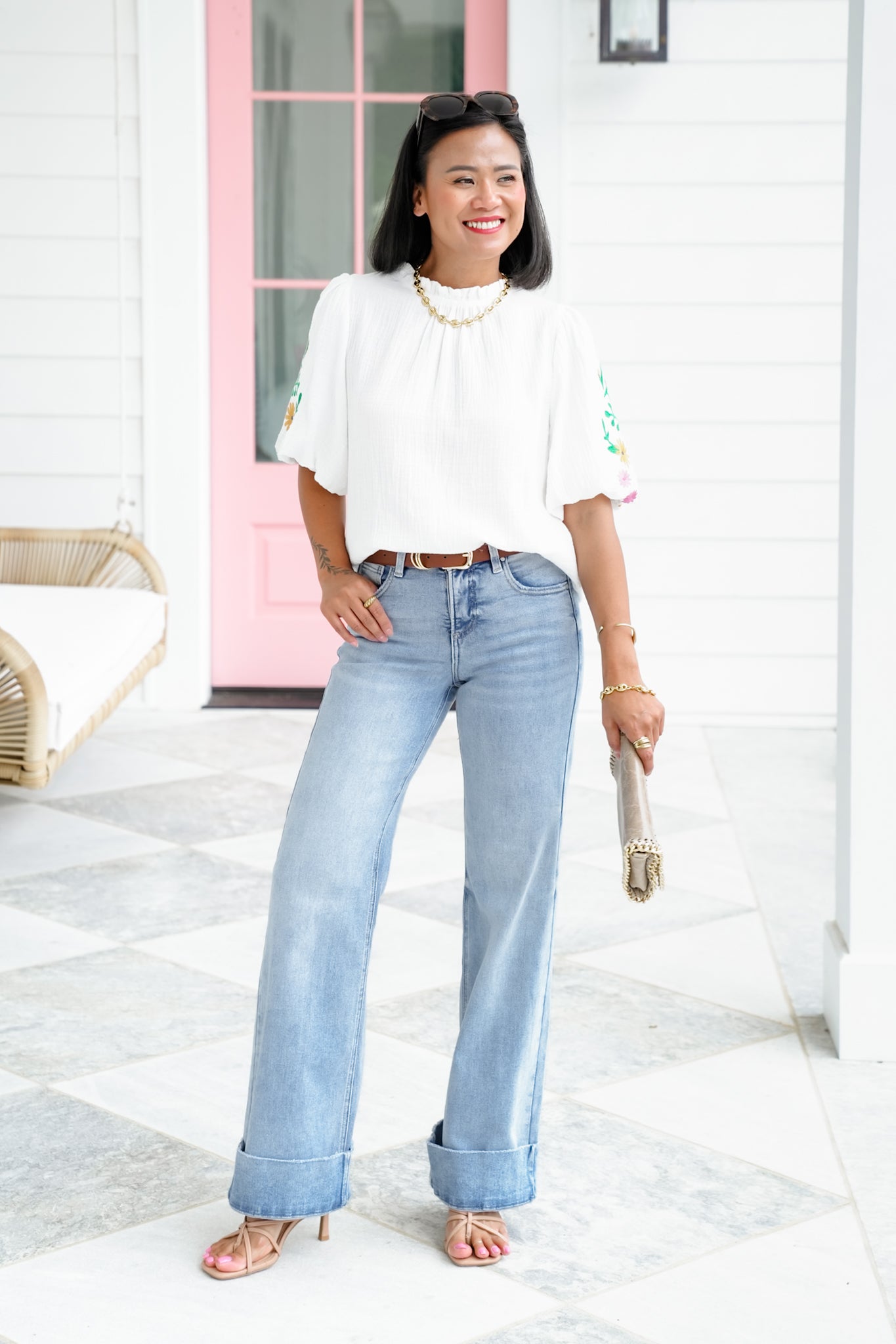 Gauze Short Puff Sleeve Top with Floral Embroidery Detail