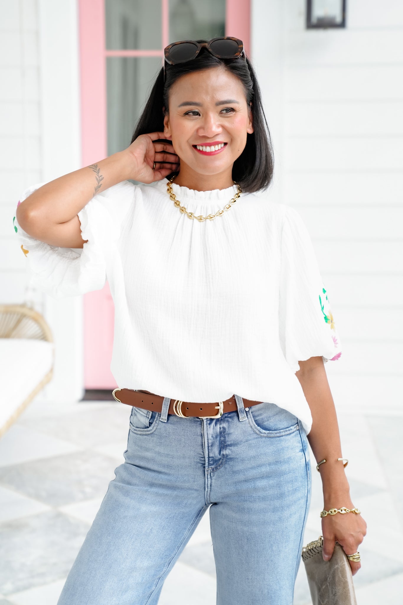Gauze Short Puff Sleeve Top with Floral Embroidery Detail