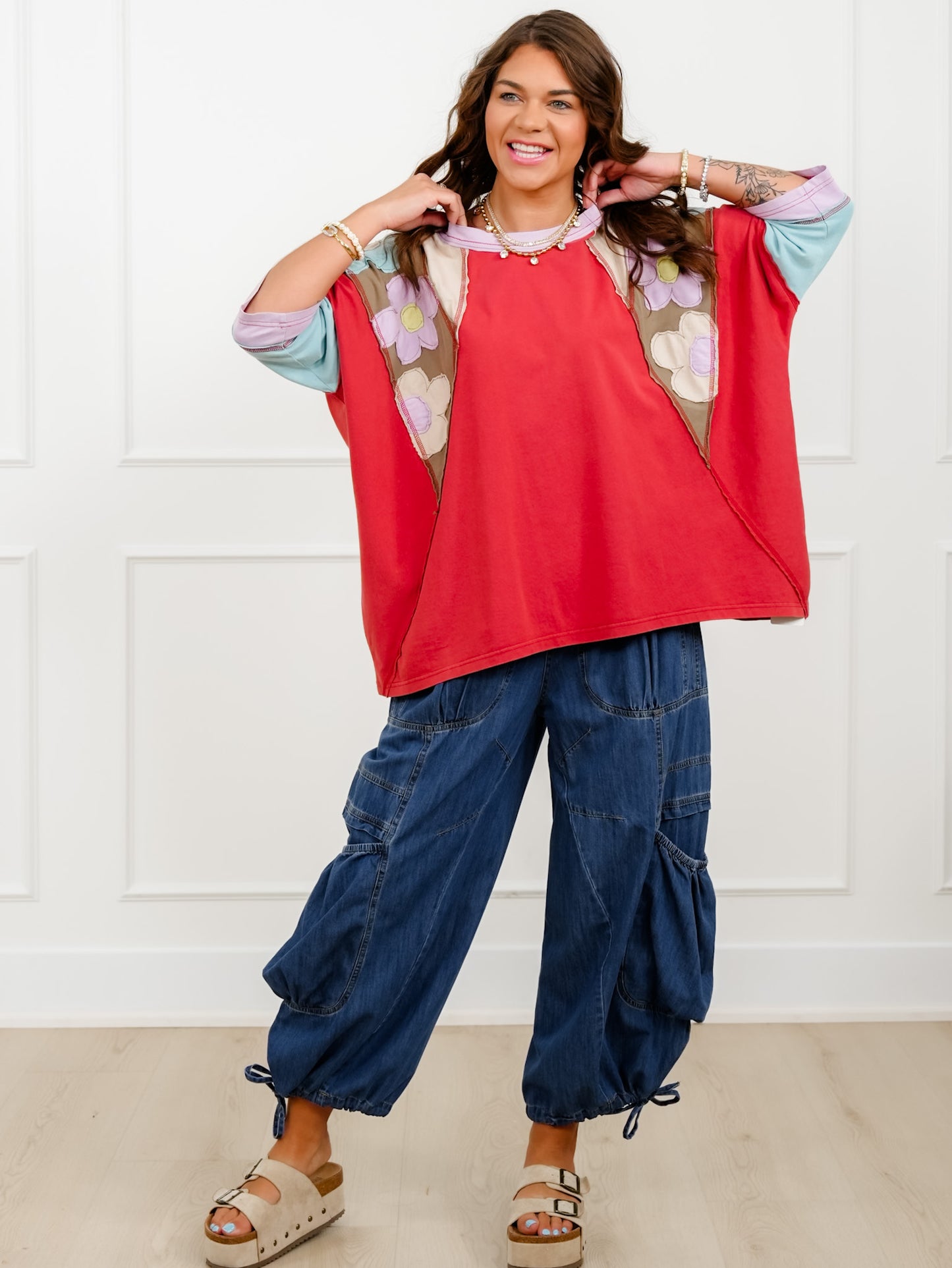 Long Sleeve Color Block Top with Floral Patches