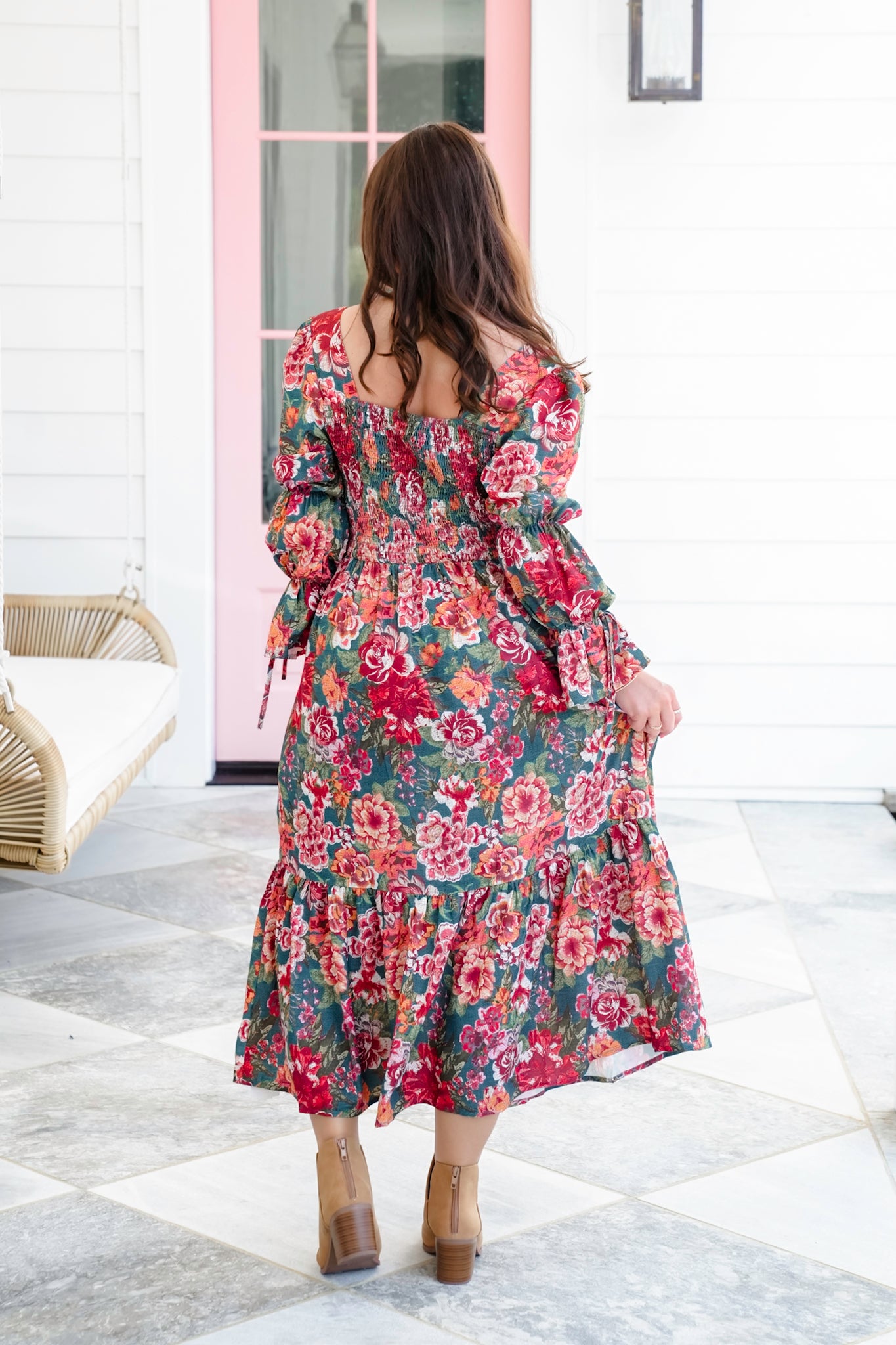 Plus/Reg Teal Floral 3/4 Sleeve Square Neck Midi Dress